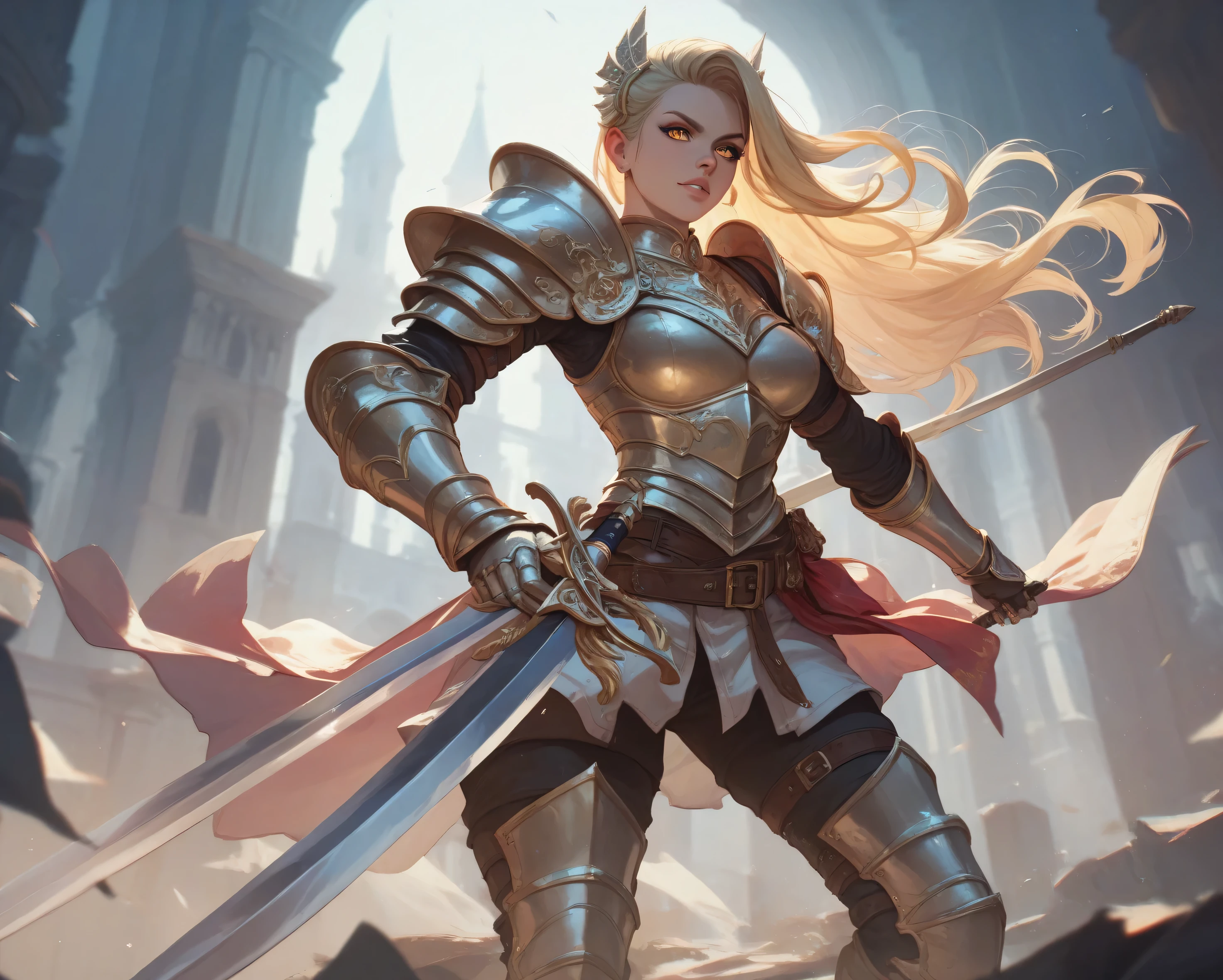 Scary looking blonde and golden eyes female warrior in a fantasy knight armor and holding a long sword