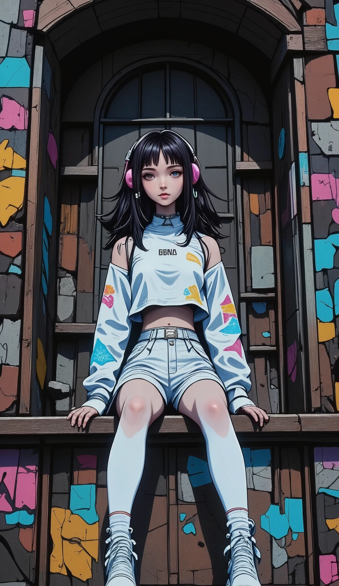 Manga style:1.5, masterpiece、 highest quality、 High resolution、 photorealistic 、 High resolution、 RAW photo、 completely black background , thumbnail image, mini robot, Anime style ., Dressed in light colored hip hop clothing., sitting on a wall with graffiti with his legs crossed, with beautiful cyan eyes, Cyan neon lights , abstract image, U high definition , masterpiece , Retina, necessary, anatomically correct unfurnished room , Old school, super detail , High Details, Lyric , Winner Award , envelopes , highres, 1080P, high definition , 16K