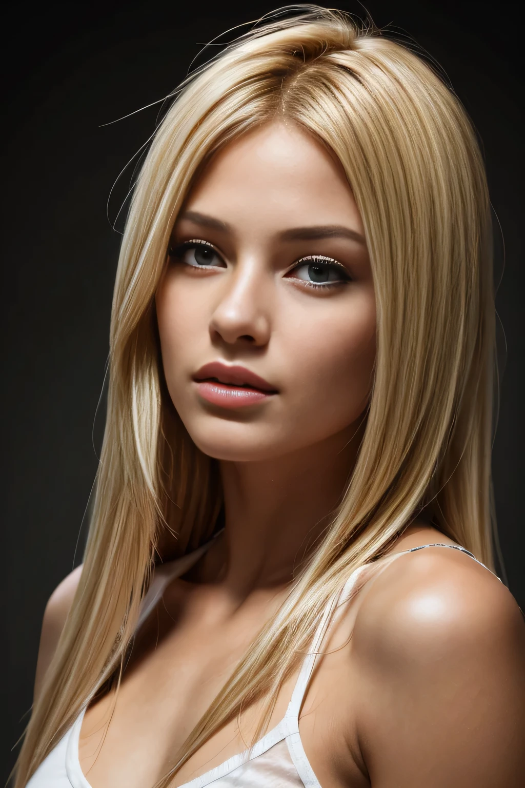 29-year-old blonde girl (hyperrealistic) (masterpiece), straight hair with bangs+