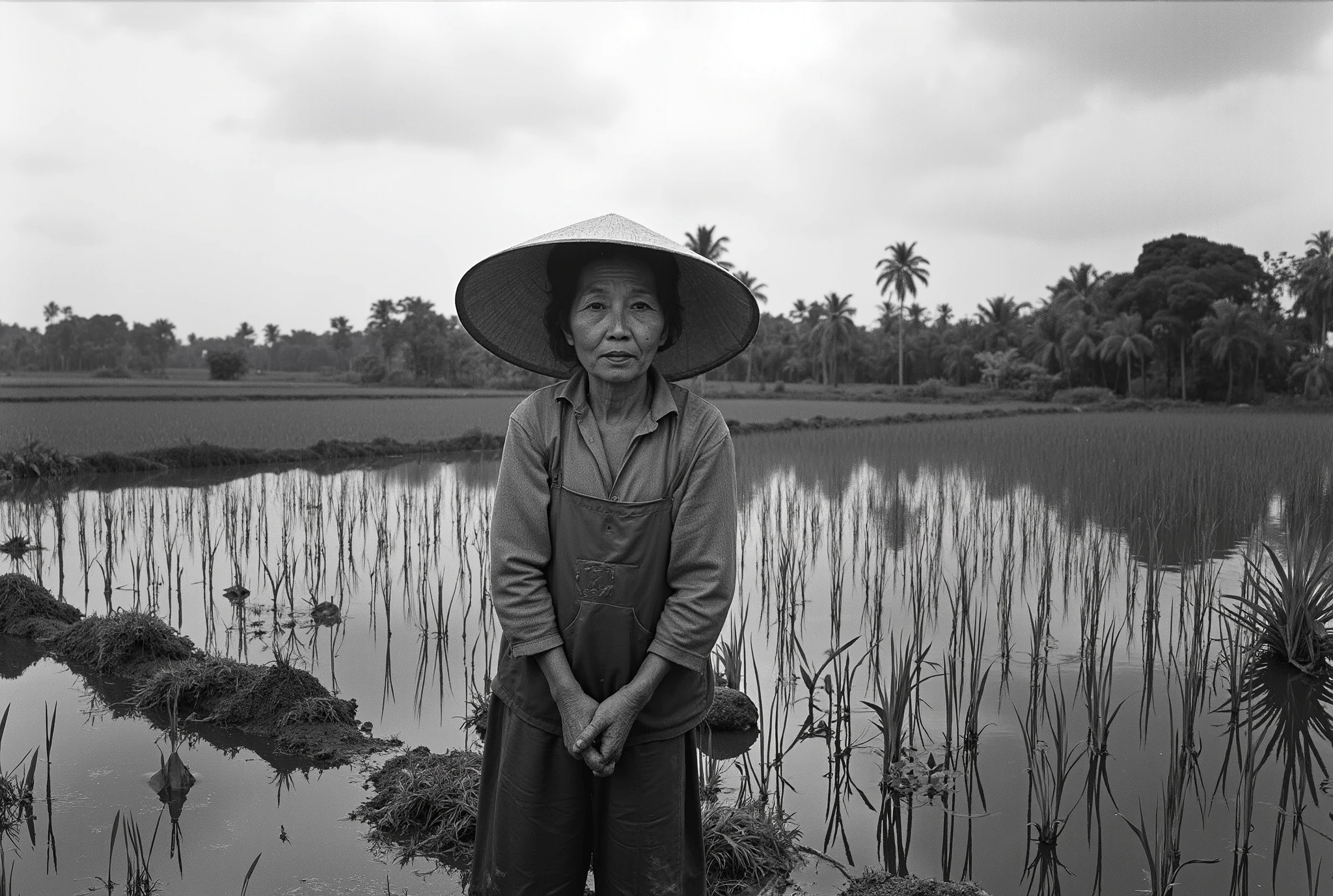 Professional photo in black and white, ultrawide shot,  of a Vietnamese peasant woman in a vast rice field, aged 50, wearing peasant clothes and a typical Vietnamese straw hat, rainy day, monsoon, flooded rice field, feet in the mud, lush vegetation, outdoor photo, natural light, Canon EOS R5 quality, Ilford hp5 400 plus film --ar 4:5 --v 6 --stylize 500