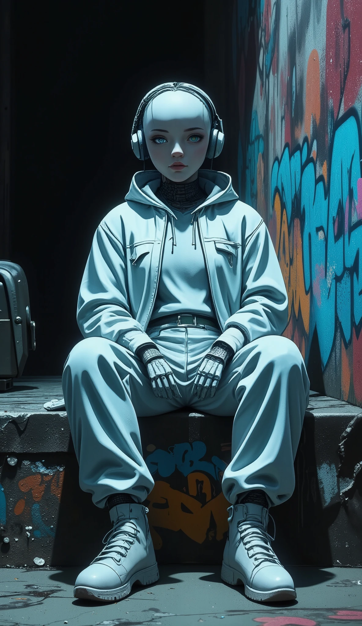 Manga style:1.5, masterpiece、 highest quality、 High resolution、 photorealistic 、 High resolution、 RAW photo、 completely black background , thumbnail image, mini robot, Anime style ., Dressed in light colored hip hop clothing., sitting on a wall with graffiti with his legs crossed, with beautiful cyan eyes, Cyan neon lights , abstract image, U high definition , masterpiece , Retina, necessary, anatomically correct unfurnished room , Old school, super detail , High Details, Lyric , Winner Award , envelopes , highres, 1080P, high definition , 16K