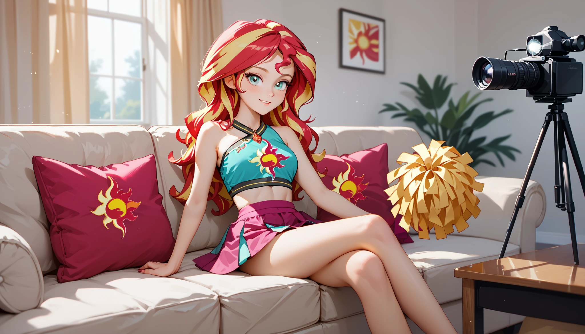 Sunset shimmer, two-tone hair, red and yellow hair, wavy hair, casting couch, couch, dressed as a cheerleader, very detailed