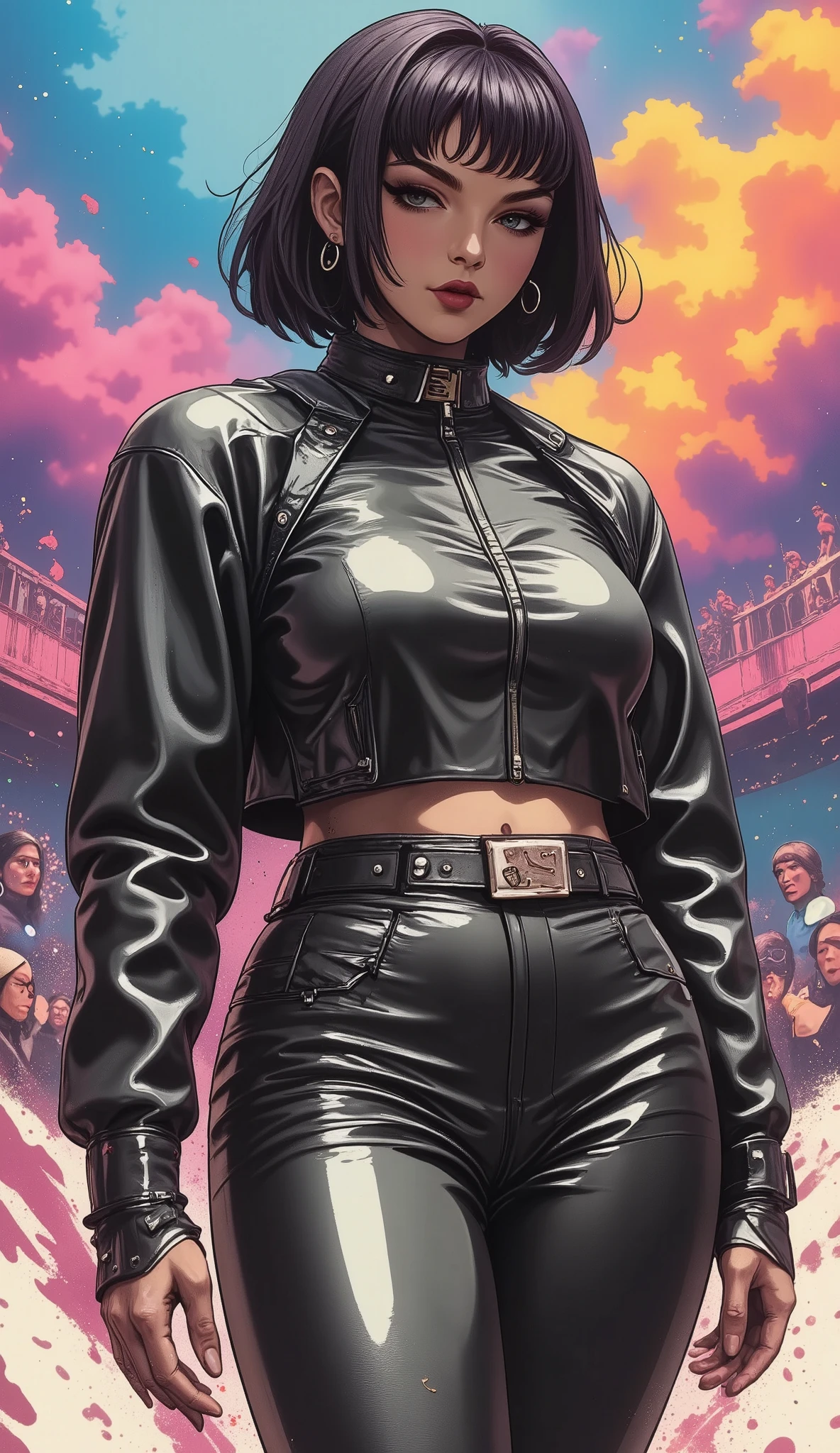 ( high quality , 8K, 4k, HIGH CONTRAST , masterpiece:1.2), ( high quality , Aesthetics at its best, complete anatomy ), ( dynamic angle ), (( female 1 )), (( cyberpunk)), (( flat color )), (( colorful art )), Rider jacket , Spectators, Line art , colorful background, HIGH CONTRAST , contrasting colors, ((risograph)), oil painting , glamorous body, Chubby body , Splashes , bear costume