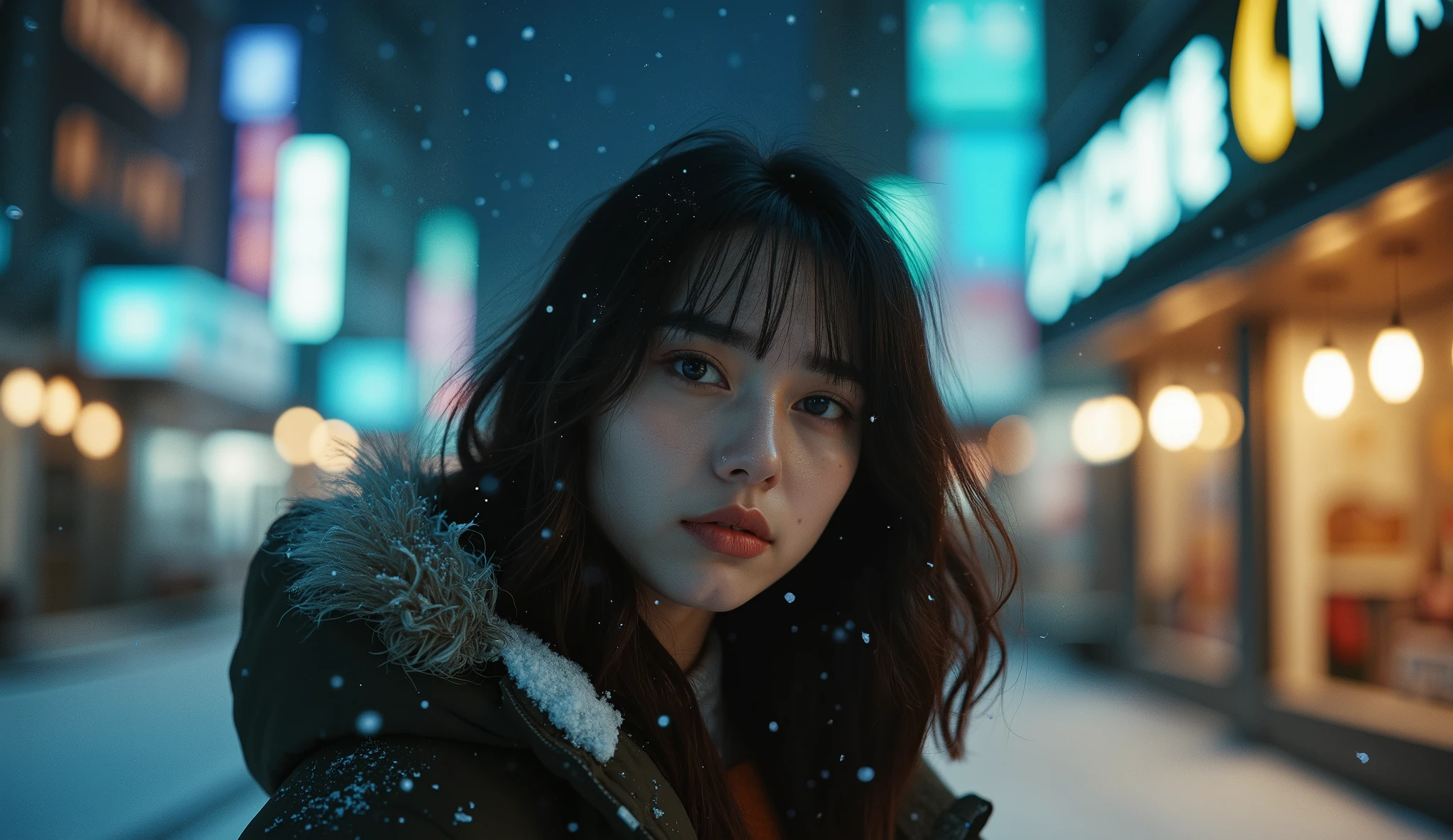 A cinematic portrait of a young woman standing in the middle of a snowy city night, wearing a warm jacket. The scene is illuminated by the soft glow of streetlights and neon signs, with snowflakes gently falling around her. She has shoulder-length dark hair with bangs, subtle makeup emphasizing her luminous eyes, and a calm, introspective expression. The background showcases a bustling urban environment with blurred silhouettes of buildings, glowing storefronts, and snow-covered streets. The image captures the serene beauty of a winter night in the city, blending emotional depth with the magic of a snowy urban landscape