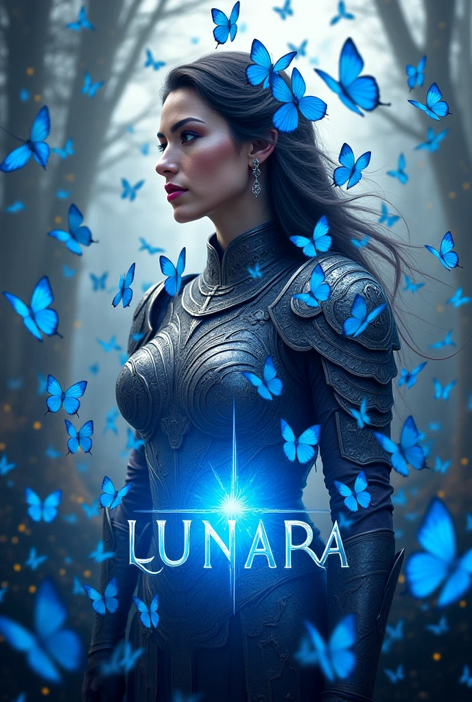 a poster for the dark fantasy movie "Kiera's Rebellion". The poster should feature the main character, Kiera, in the center, with a fierce and determined look on her face. Kiera is a young woman in her early twenties with short, black hair and piercing blue eyes. She is dressed in practical, battle-worn armor with a sword at her side, ready to fight against the dragon overlords. In the background, there should be a silhouette of a dragon in the sky, with a city in flames and a full moon, emphasizing the oppressive rule of the dragons and the danger that Kiera faces. The poster should have a dark and action-packed tone, with a color palette of blacks, blues, and oranges to match Kiera's hair, eyes, and surroundings. The title of the movie should be prominent, in bold, stylized lettering.