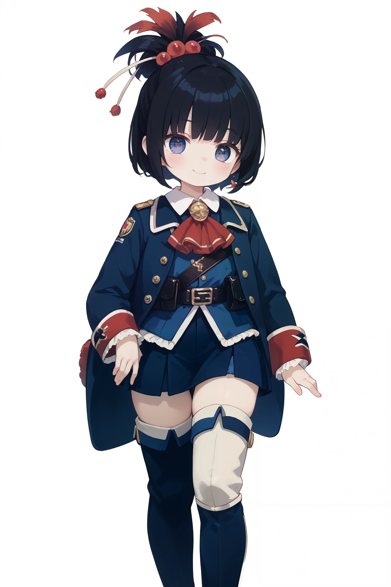 Create an illustration of a young girl with long, wavy black hair and heterochromatic eyes—her right eye is bright blue, and her left eye is vivid red. She is wearing a dark, double-breasted military-style napoleonic period using a coat, thigh-high boots, she's s, with a sabre on waist and a mosquet behind