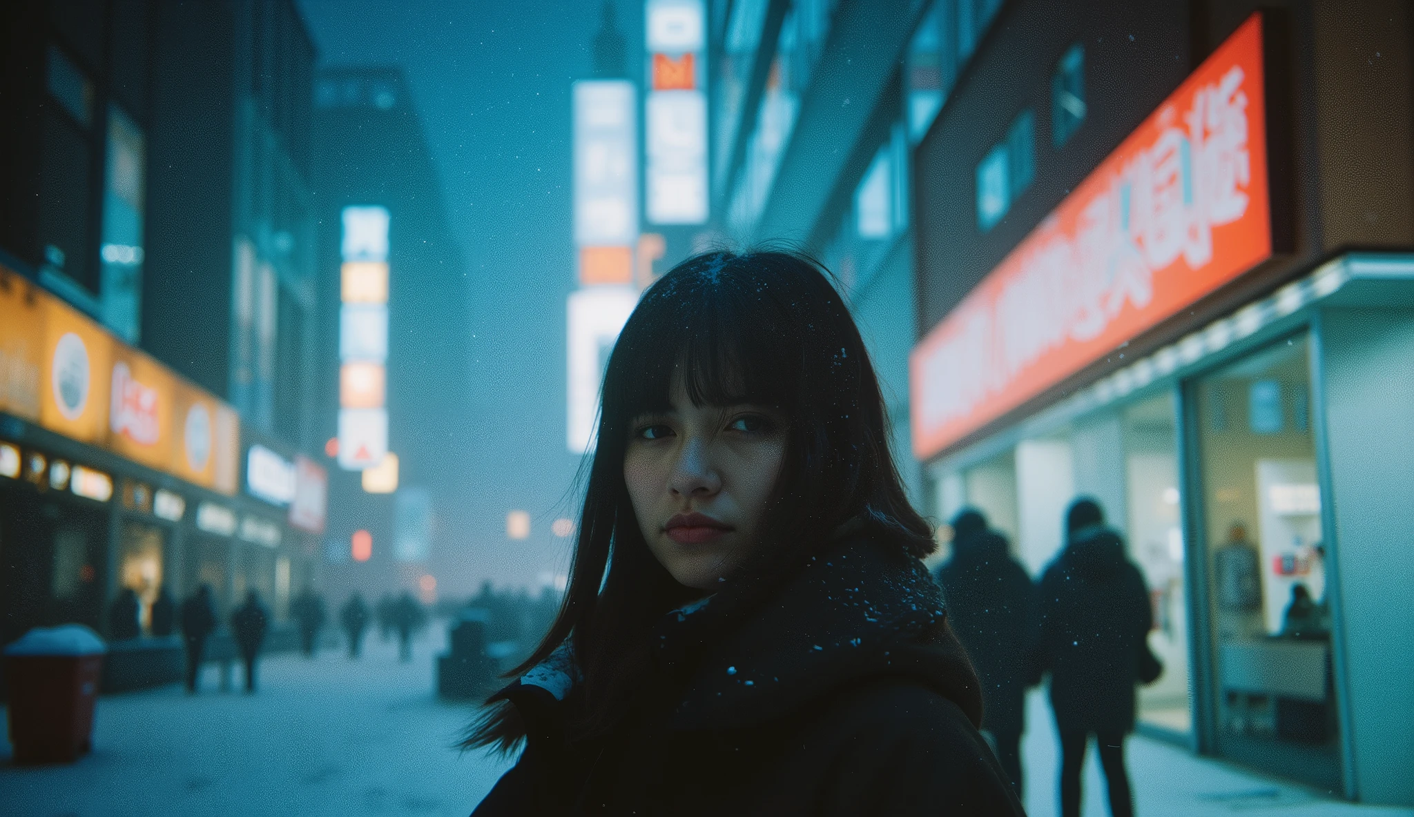 A cinematic portrait of a young woman standing in the middle of a snowy city night, wearing a warm jacket. The scene is illuminated by the soft glow of streetlights and neon signs, with snowflakes gently falling around her. She has shoulder-length dark hair with bangs, subtle makeup emphasizing her luminous eyes, and a calm, introspective expression. The background showcases a bustling urban environment with blurred silhouettes of buildings, glowing storefronts, and snow-covered streets. The image captures the serene beauty of a winter night in the city, blending emotional depth with the magic of a snowy urban landscape
