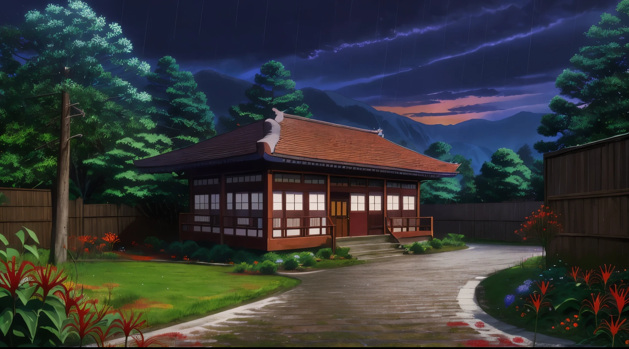 (Rainy sky) (Raindrops) (Evening) (Orange Sky)
(80’s Anime) (classic) (Vintage) (retro)

1980’s Tokyo Jujutsu High is a broad campus of several buildings build in a traditional Japanese High School architectural style.

The school building is well hidden on Tokyo's outskirts, far and high in the mountains. Naturally, there is a big garden where there are a lot of Higanbana other wise known as ((Red Spider Lily Flowers)) around the property to further obscure the location.

(View from the Red Spider Lily Flowers)