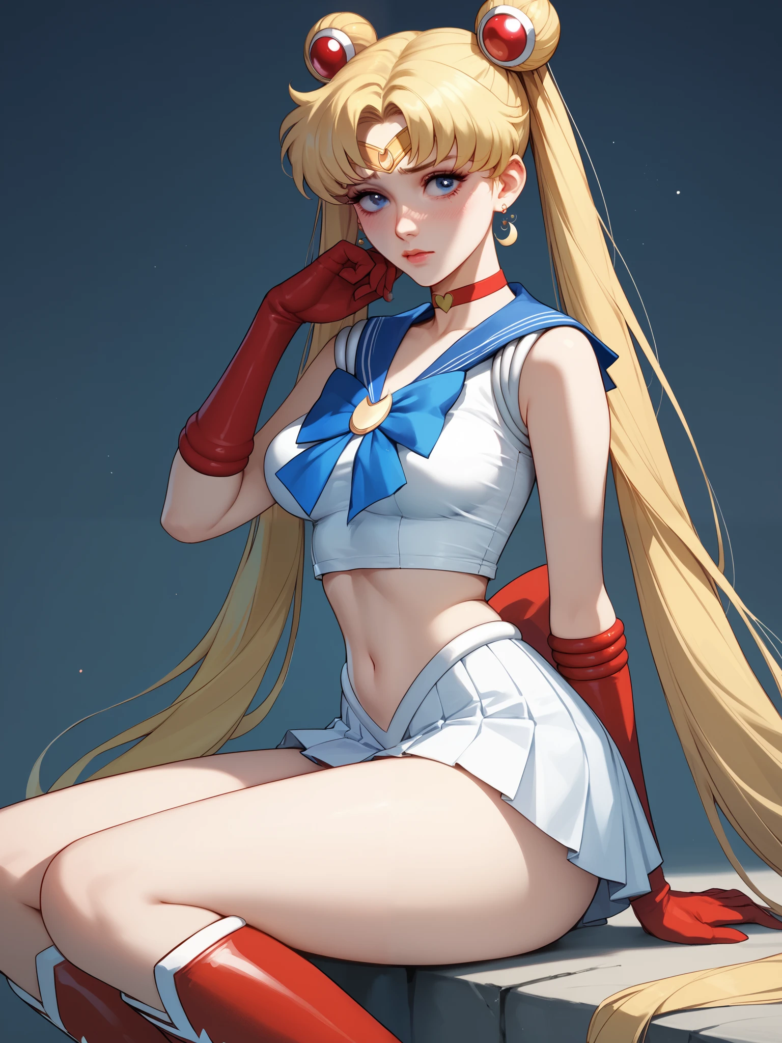 Sailor Moon, sleeveless crop top, mini skirt, knee-high boots, red and white clothes, sexy woman, medium breasts, shoulders out, arms out, thighs out, gorgeous blue eyes, pretty face, perfect skin, blonde hair, perfect matte make-up, shy facial expression, has crush on you, bootylicious