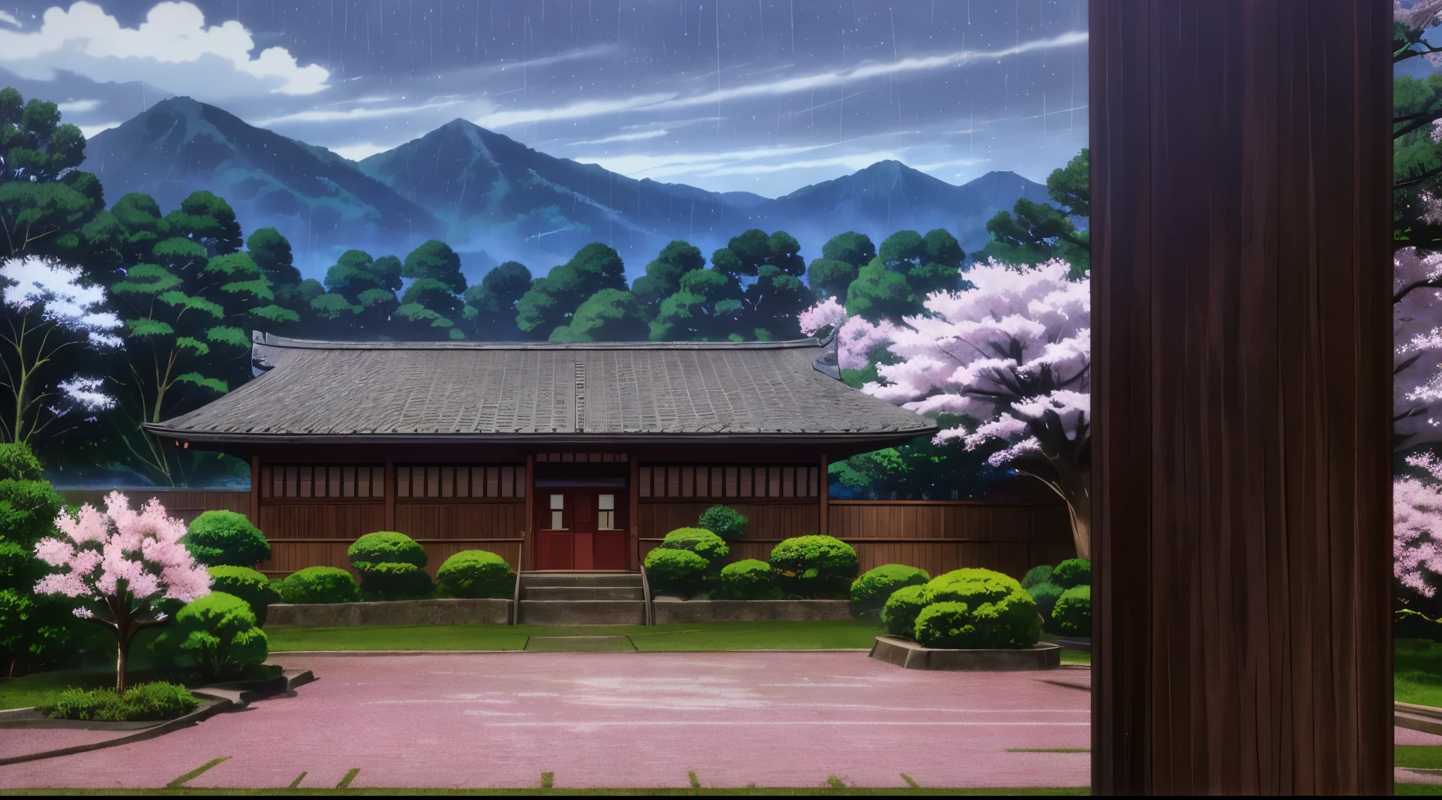 (Rainy sky) (Raindrops) (Evening) (Orange Sky)
(80’s Anime) (classic) (Vintage) (retro)
1980’s Tokyo Jujutsu High is a broad campus of several buildings build in a traditional Japanese High School architectural style.
The school building is well hidden on Tokyo's outskirts, far and high in the mountains. Naturally, there is a big garden where there are a lot of Cherry Blossom Trees around the property to further obscure the location.
(View from the Cherry Blossom Trees)