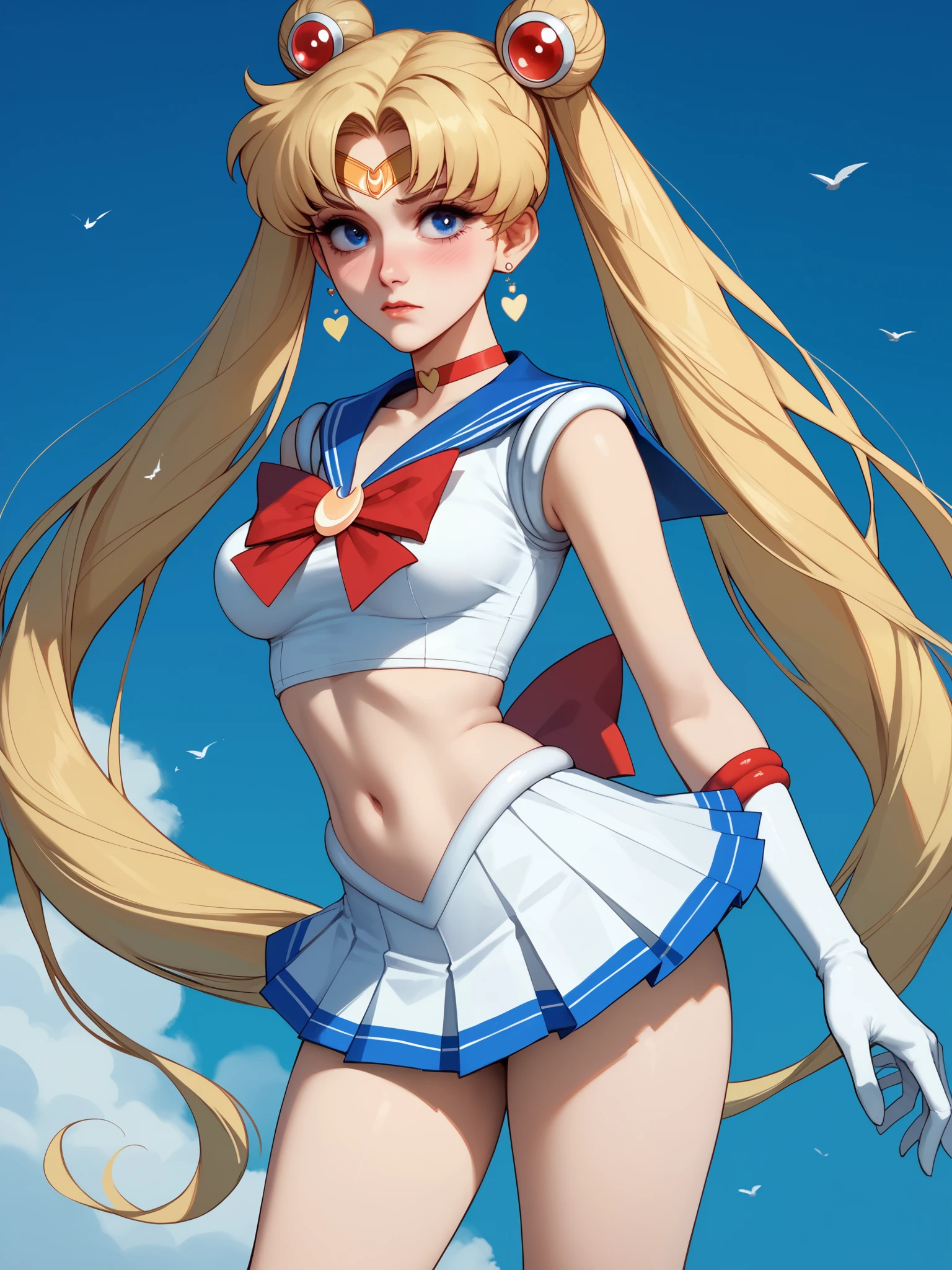 Sailor Moon, sleeveless crop top, mini skirt, knee-high boots, red and white clothes, sexy woman, medium breasts, standing up, shoulders out, arms out, thighs out, gorgeous blue eyes, pretty face, perfect skin, blonde hair, perfect matte make-up, shy facial expression, has crush on you, bootylicious