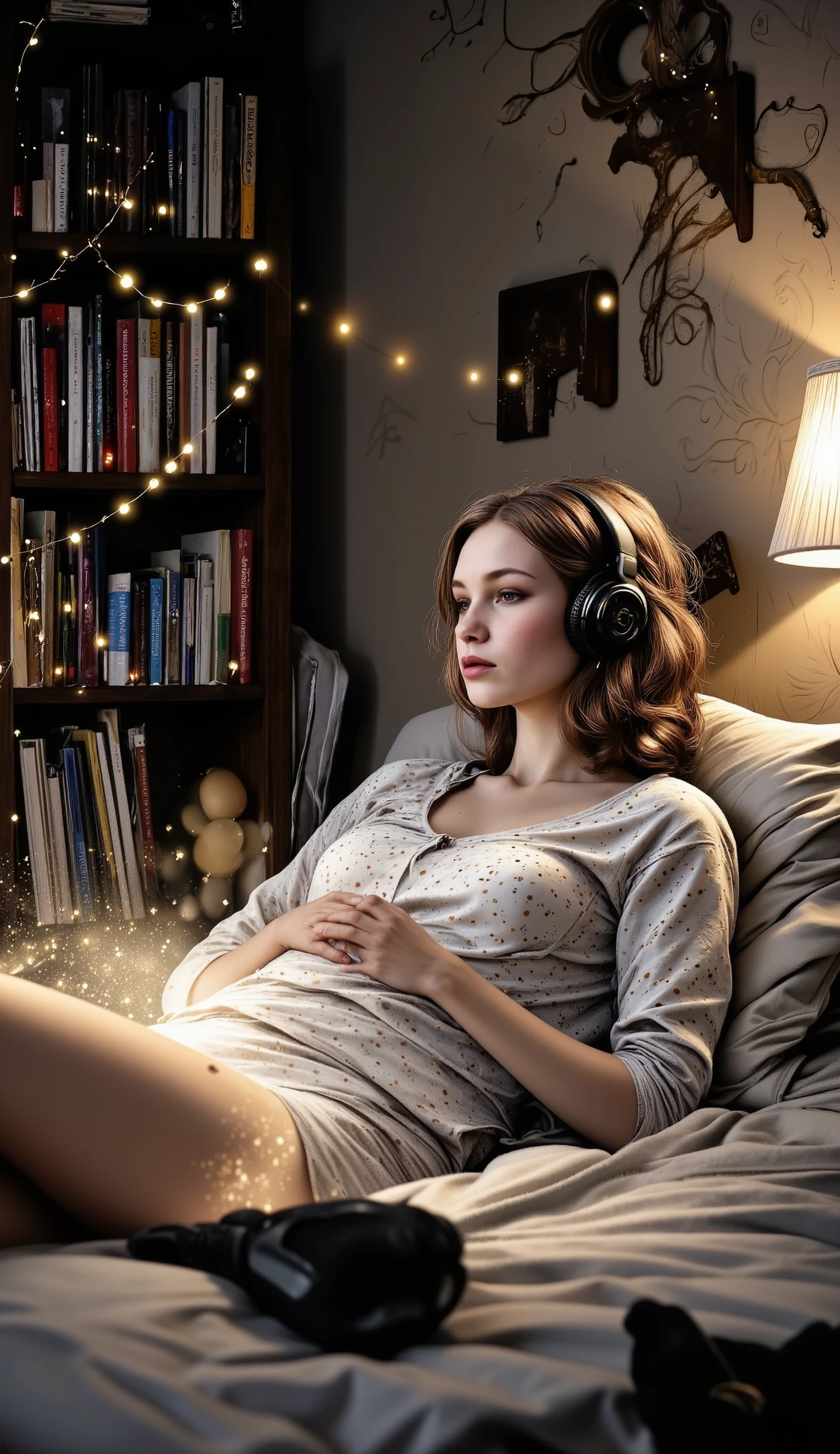 (( Lo-Fi drawing styles :1.5)), girl lying in her bed listening to music with headphones, books in bed , soft light garland , ambiente agradable y quiet, Soft and beautiful colors , magic, quiet, cozy