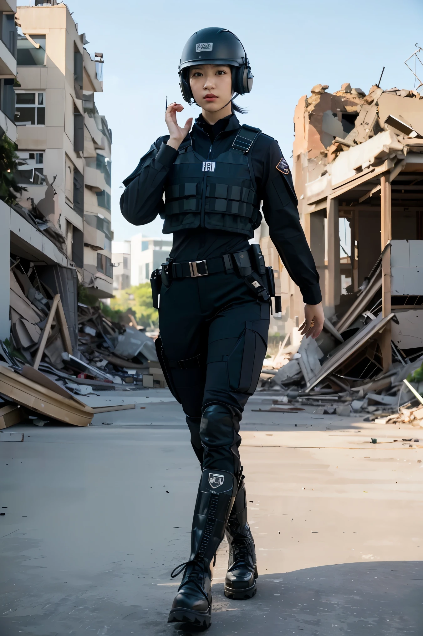 (masterpiece),(Highest quality),(High resolution),(Very detailed),One Woman,Japanese,Black Hair,Short Bob,Beautiful Eyes,Long eyelashes,Beautiful Hair,Beautiful Skin,strict,whole body,break(((Huge explosion behind woman))),Jump to escape the explosion,(Dynamic Movement),((ピストルを持っている:1.3)),SWAT Uniforms,Black bulletproof vest, Combat Boots,Black Tactical Forster,Tactical Headset,Tactical Helmet,(The background is the rubble of ruins),(((Background Blur)))