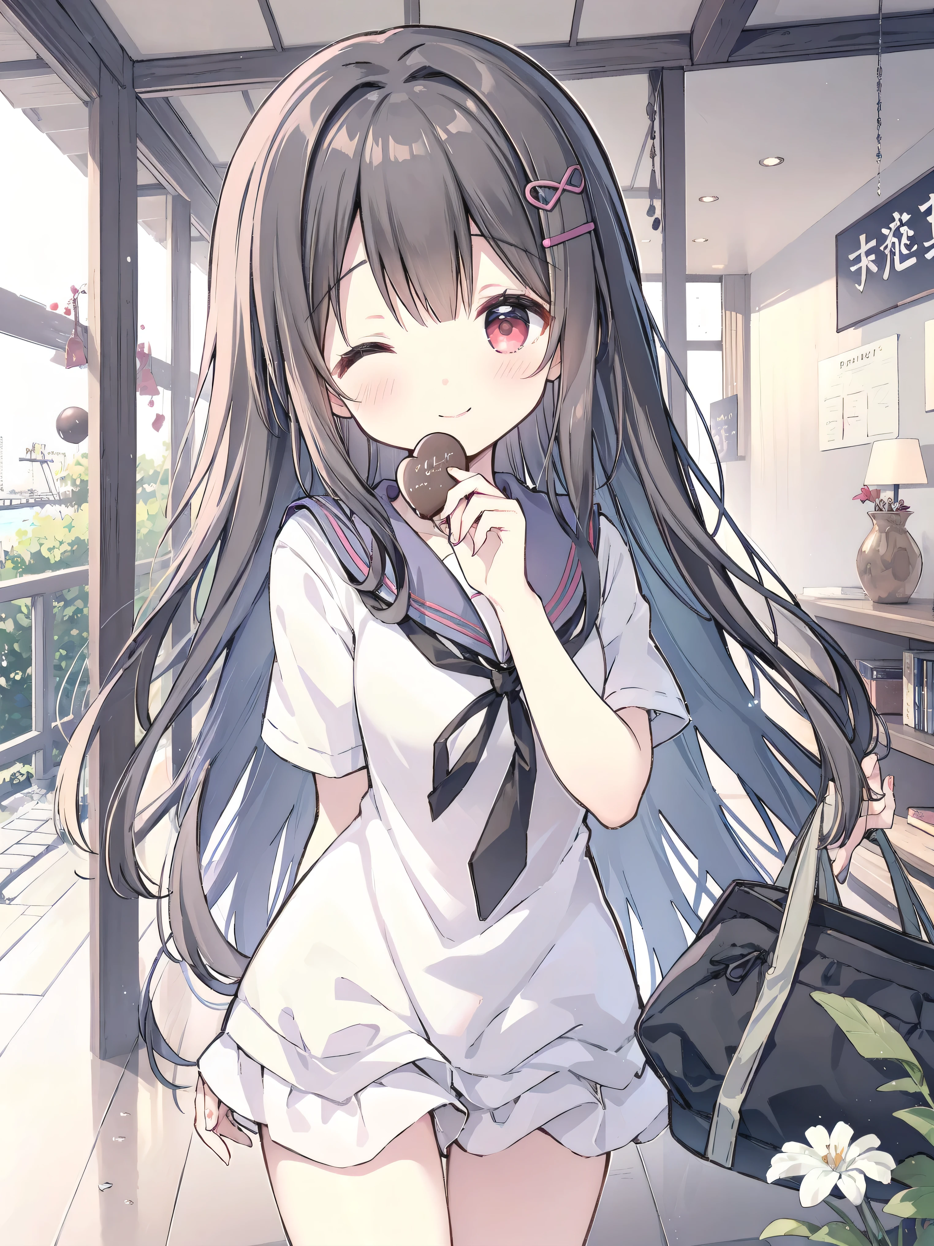 Nardack style lora, a soft and dazzling high school girl , her short stature is cute little , her hair is dark black and her eyes are amber red , The high school girl is wearing a summer sailor uniform, Feed the viewer a piece of Valentine's chocolate, her eyes closed next to winking like a flirty girl, smiling sweetly , close up