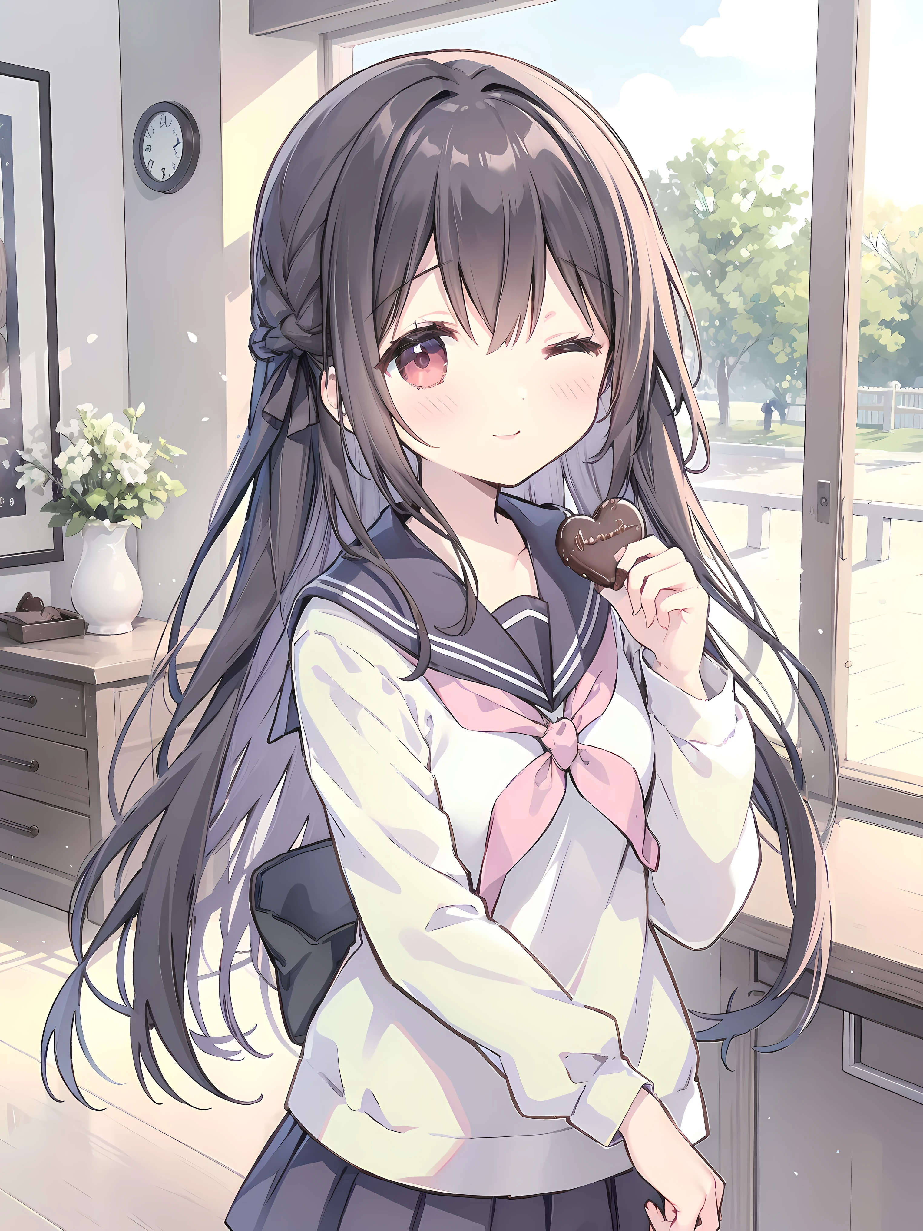 Nardack style lora, a soft and dazzling high school girl , her short stature is cute little , her hair is dark black and her eyes are amber red , The high school girl is wearing a summer sailor uniform, Feed the viewer a piece of Valentine's chocolate, her eyes closed next to winking like a flirty girl, smiling sweetly , close up