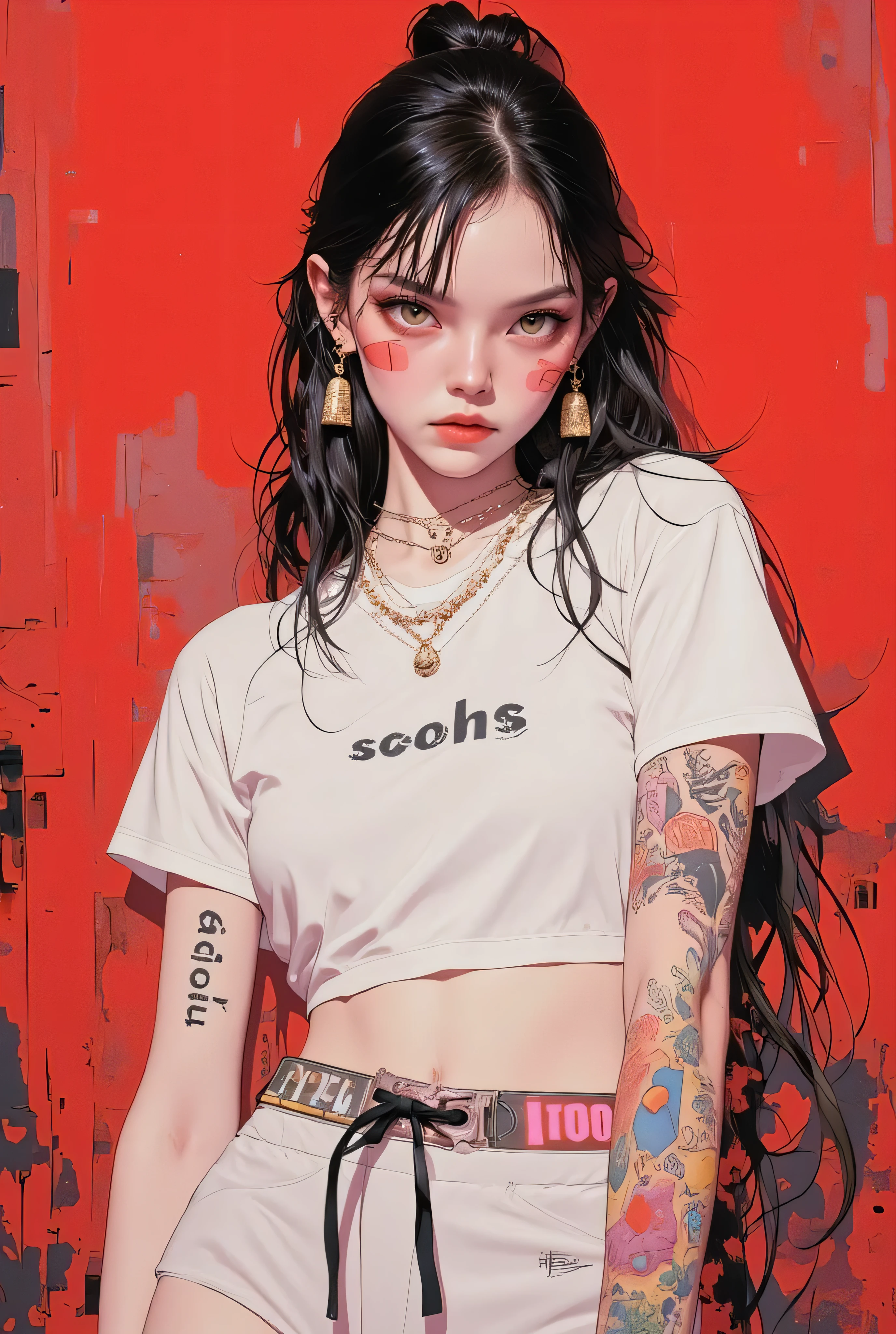 (FEMININE GOTHIC AESTHETICS, Close-up details, Detail shot, Clear details, ARTY LOVE BLOW STYLE, Silkscreen Art, Close-up pictures, EXTRA FINE INK DETAILS, SILKSCREEN PRINT, Very detailed)
(A woman in white short-sleeved t-shirt with "SOON" written on it, wearing underwear with "SOON" written on it, no tattoos on her arm)
(Background: A deep red space, Gothic feminine vibe, Artistic silkscreen style, High-quality ink details, Intense and clear focus on the subject)