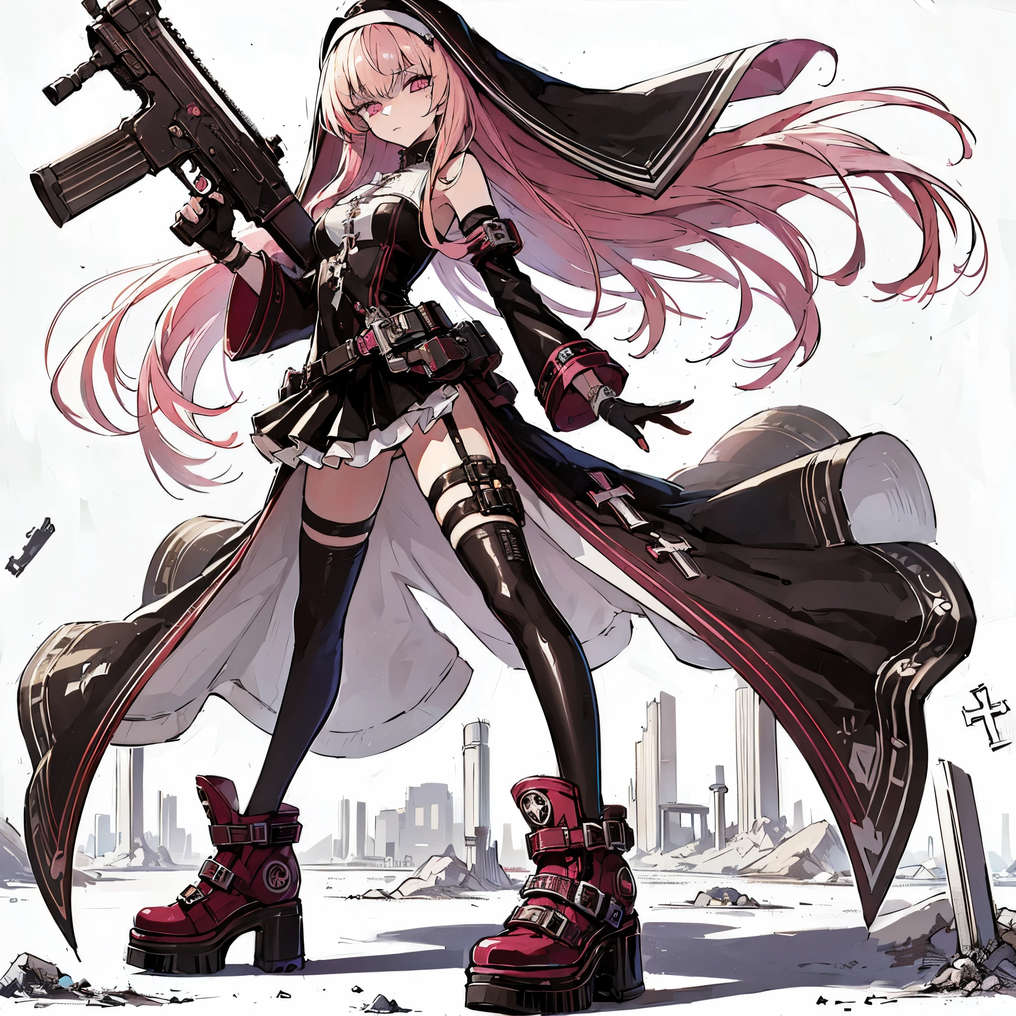 (masterpiece, Best Quality), (detailed hairs), Ultra-detailed, anime like illustration style, Full body, solo, Cyberpunk exorcist girl, pink-blonde hair and garnet eyes, dressed in cyberpunk PVC nun's uniform, each holding a huge pistol in her hand, high-heeled boots, standing on wasteland, white background, whole body, tall and stylish, VERY MASSIVE. Muscular, standing full length, standing on wasted earth,