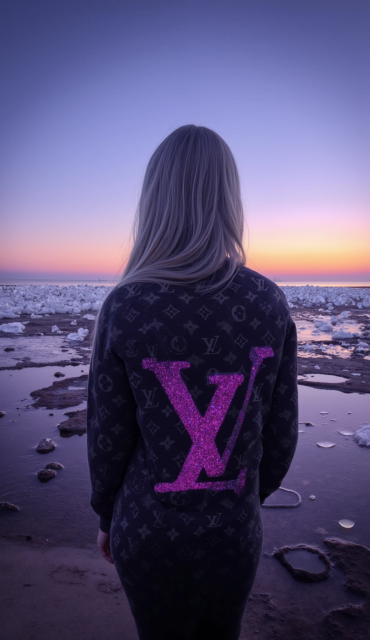 There are thousands of crystal balls on the beach at dusk 、 and each contains a galaxy that continues to move brilliantly。Long-haired woman standing in that place with beautiful silvery hair in the back。 is wearing a Louis Vuitton monogram pattern hoodie 。Louis Vuitton logo with pink glitter that shines beautifully on the back 。8k。 HD、High precision、 High Quality 。