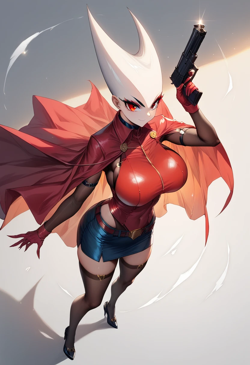 score_9, score_8_up, score_7_up demon girl, red skin, virgin killer sweater, huge breasts, thick thighs, sexy, hand above head, milf, hell back ground, black horns, goat horns,