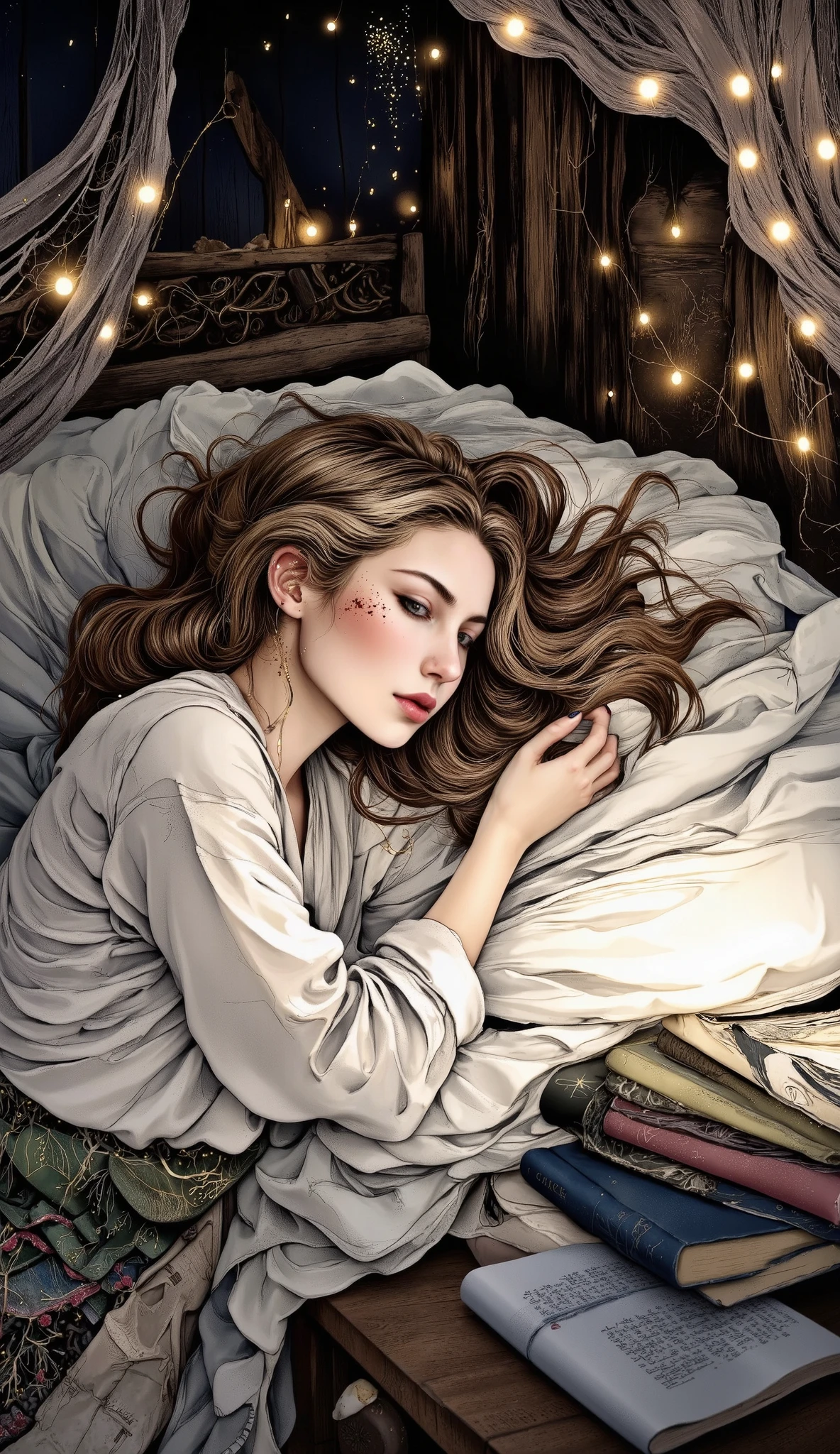 ((Lo-Fi Anime Digital Illustration Styles:1.5)), girl lying in her bed listening to music with headphones, books in bed , soft light garland , ambiente agradable y quiet, Soft and beautiful colors , magic, quiet, cozy