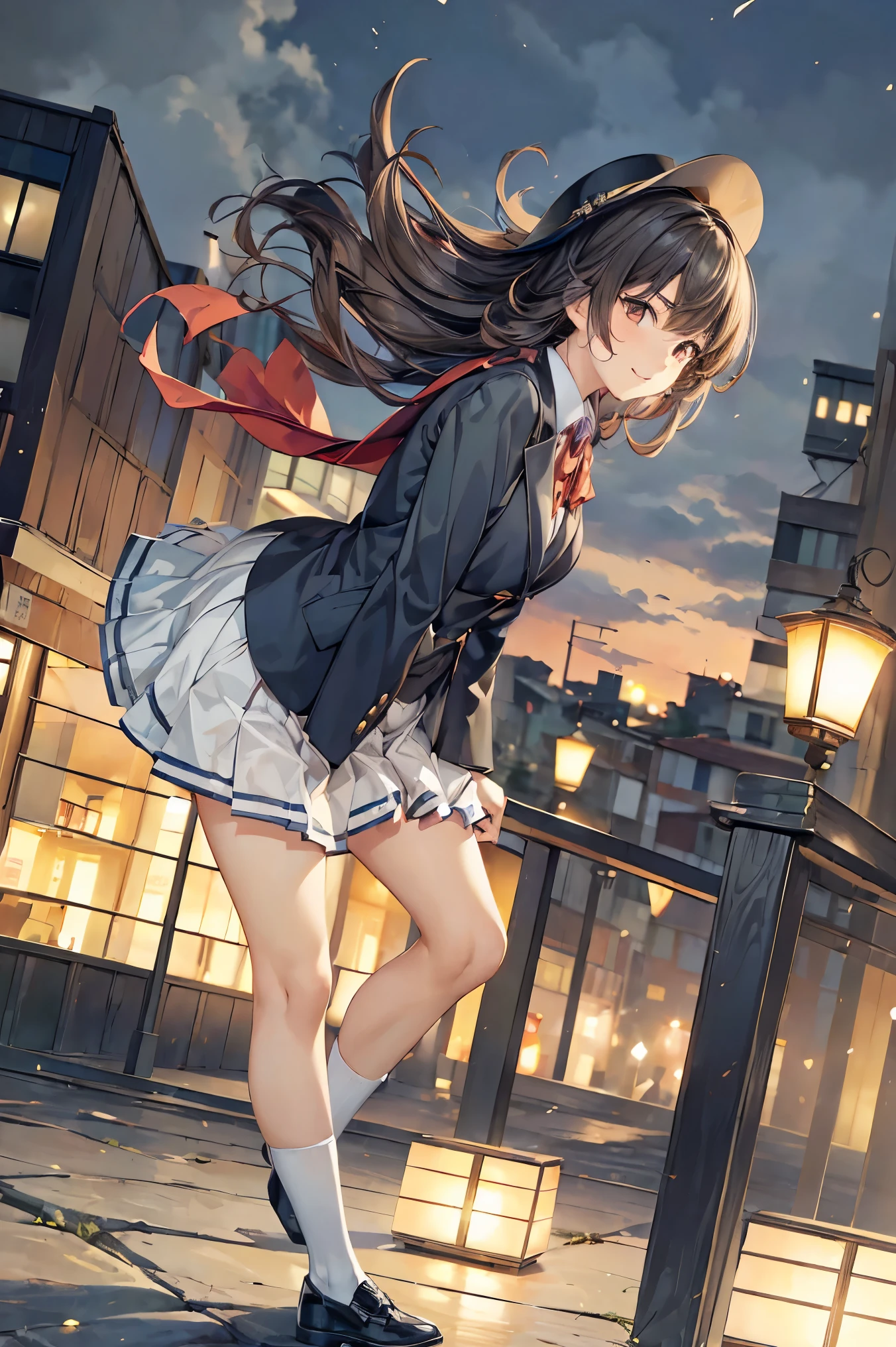 (best quality,Masterpiece:1.3,Ultra-Fine),(very detailed,caustics,8k),(realistic:1.4,RAW shooting),18 years old,Japanese school girl,cute,staring at the camera,with a smile,blazer uniform,forward leaning position,waist up shot,(focus on the face :1.2),(face close-up:1.2),(Low position:1.3),(low angle:1.4),tea hair,shortcuts,slender beauty,messy hair,City scape,(night view:1.2),(Strong winds are blowing:1.3), holding wide-brimmed hat down with hand