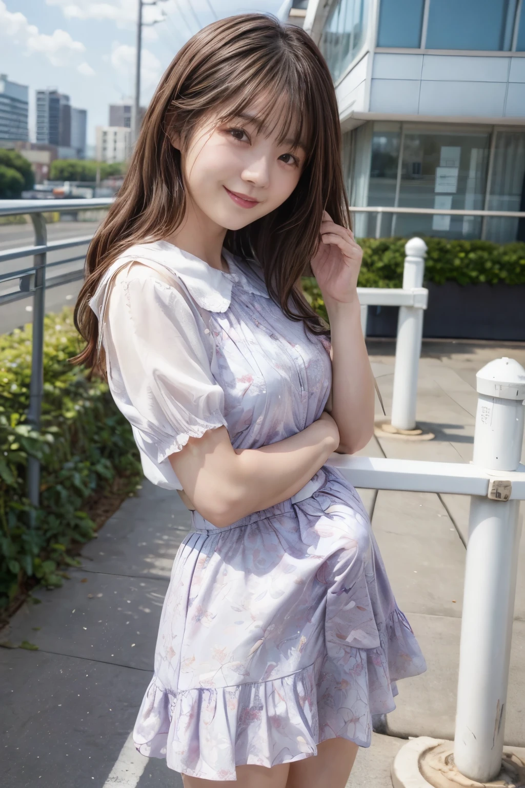 8K、(realisitic、Photorealsitic:1.37)、(masterpiece:1.2)、(top-quality:1.4)、(超A high resolution:1.2)、(RAW Photography:1.2)、(foco nítido:1.3)、(facefocus:1.2)、(full bodyesbian:1.5)、(full body Esbian:1.2)、(30-years old:1.5)、1girl, (solo:1.5), long hair, upper body, (one-piece dress:1.3), White dress with floral pattern、outdoor、Shy smile, blue sky、 landscapes, Hillwith a good view:1.3、beautiful finely detailed eyes、dual、Look at viewers, (cute little),nogizaka、middlebreast、thighs thighs thighs thighs、backshots