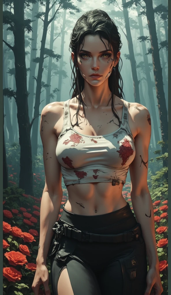 Lara Croft, Torn clothes, torn top on the chest, torn top over the nipple, wet top, wounds and blood, torn shorts, fighting pose, serious face, volumetric light, smoking body, particles, jungle, medium breasts, frontal shot.