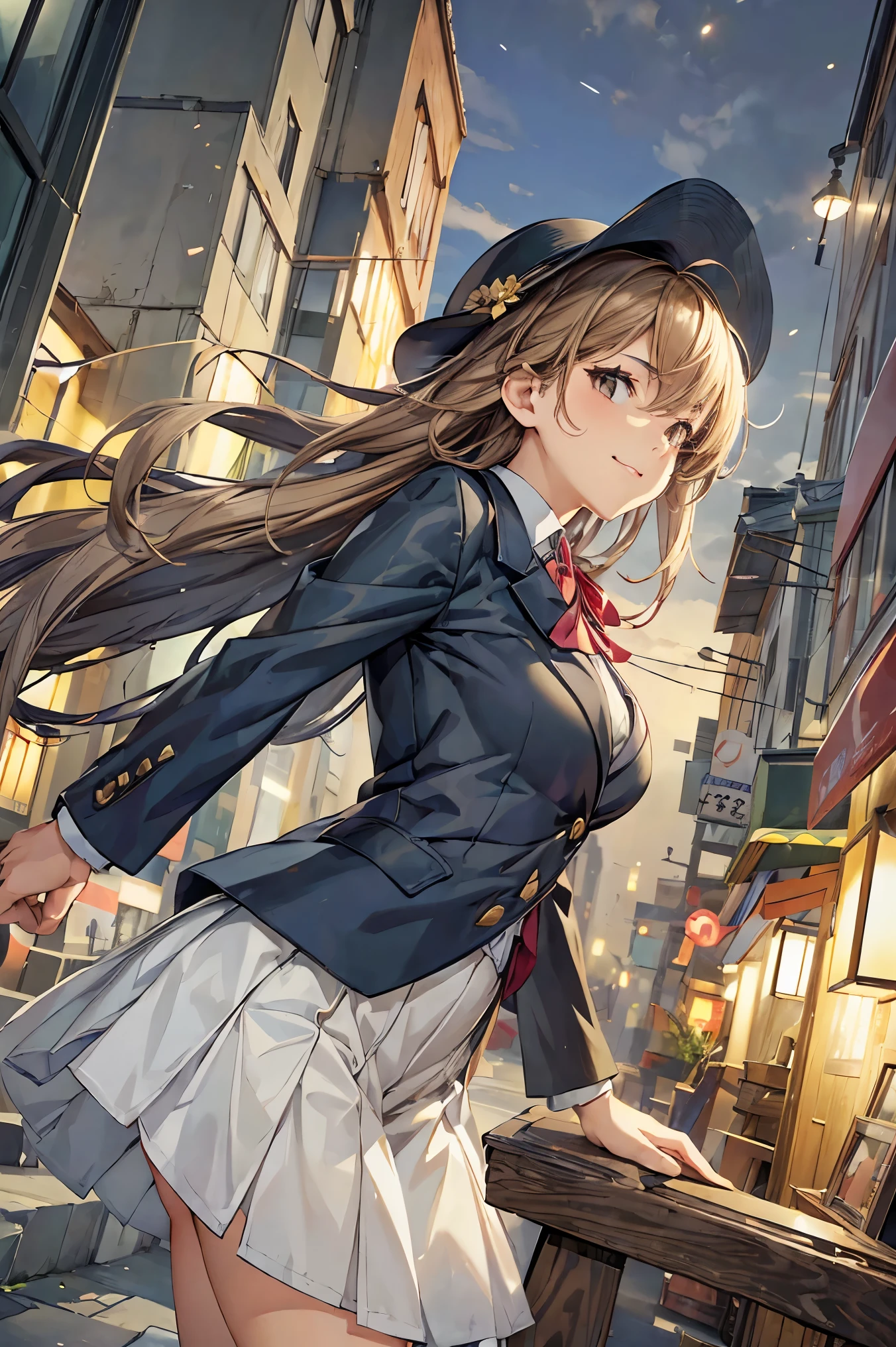 (best quality,Masterpiece:1.3,Ultra-Fine),(very detailed,caustics,8k),(realistic:1.4,RAW shooting),18 years old,Japanese school girl,cute,staring at the camera,with a smile,blazer uniform,forward leaning position,waist up shot,(focus on the face :1.2),(face close-up:1.2),(Low position:1.3),(low angle:1.4),tea hair,shortcuts,slender beauty,messy hair,City scape,(night view:1.2),Strong winds are blowing, holding wide-brimmed hat down with hand