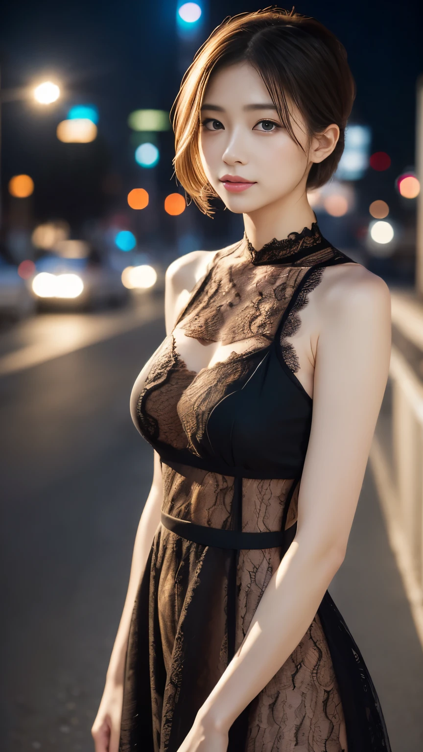 digital portrait、realistic depiction of the human body、RAW photo、one girl、gentle gray eyes、plump lips、An ennui look、huge bouncing busts、shortcut、(((Elegant black lace-like line dress、Dense and artistic lace black line dress、beautiful dress、super luxury dress)))、highest quality、super resolution、master piece:1.5、medium depth of field、50mmlens、cinematic lighting、Backlight、professional photographer、夜のNew York, ハドソン川