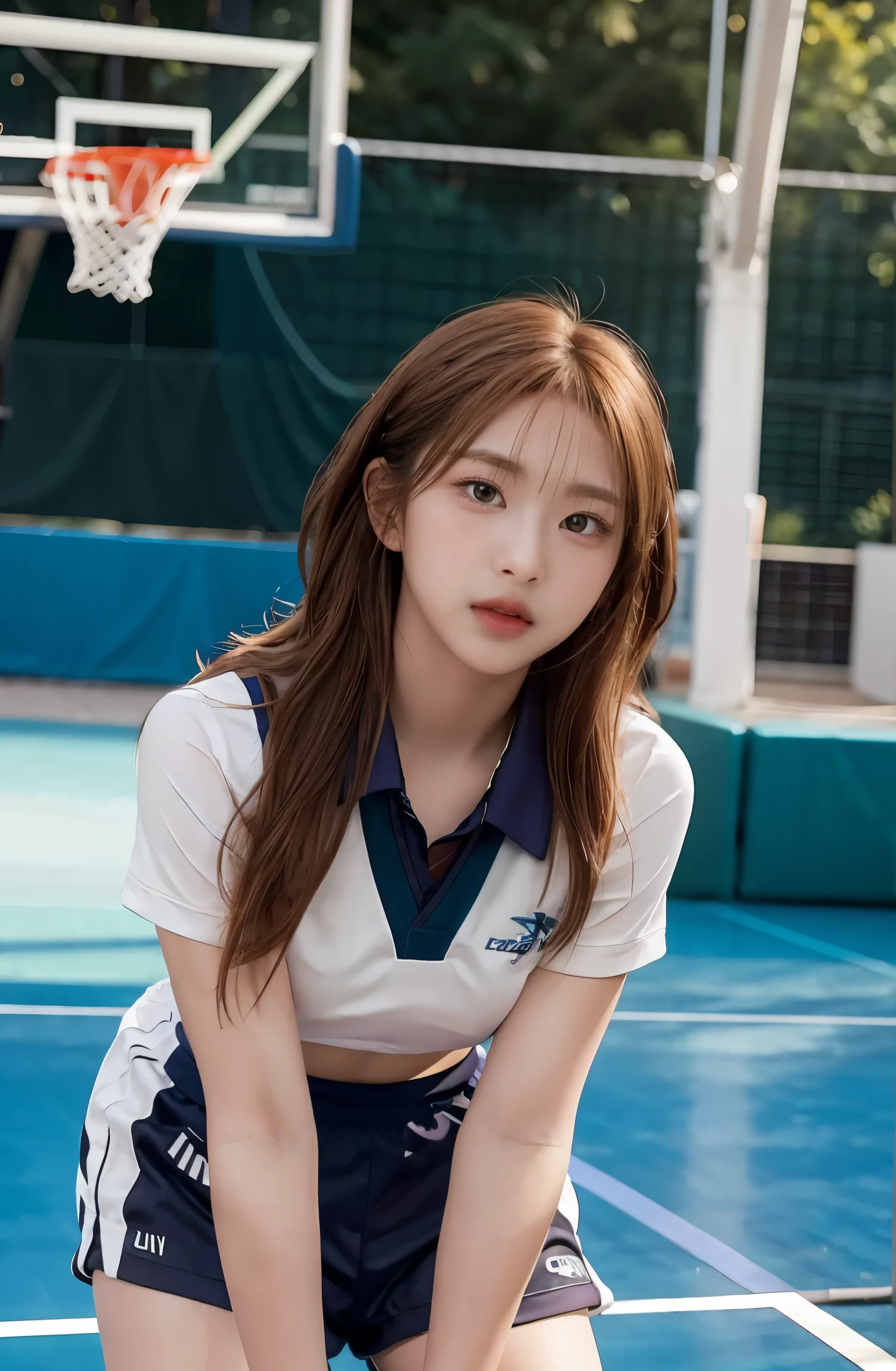 8k, masterpiece, RAW photo, best quality, photorealistic, extremely detailed CG unity 8k wallpaper, Depth of field, Cinematic Light, Lens Flare, Ray tracing, (extremely beautiful face, beautiful lips, beautiful eyes), intricate detail face, ((ultra detailed skin)), best quality, Masterpieces, Super high resolution, (photograph realistic:1.5), Original image, 1 girl, sexy look, big , cleavage, show her six pack abs, big hips, big thighs, bend over pose, wavy and long hair,Wear Basket ball uniform, In the basket ball court.