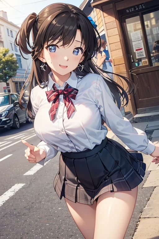 1girl,solo,yuuki mikan,, ,brown hair,, ,1girl,,small breasts,,open mouth,,cowboy shot,angry,(spoken heart),outdoor,,looking viewer,bare shoulder,miniskirt,pantyhose,