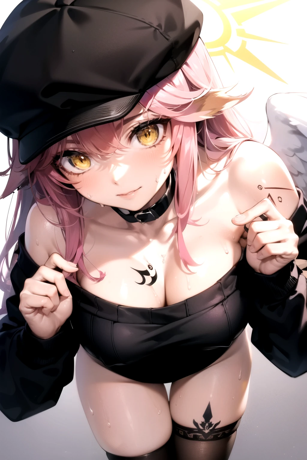 jibril, BREAK jibril, angel, angel wings, collar, animal ears, bird ears, compass rose halo, feathered wings, feathers, gradient hair, halo, long hair, low wings, multicolored hair, pink hair, symbol-shaped pupils, big breast, white wings, wing ears, wings, (yellow eyes:1.5), seductive look, seductive smile, Shiny skin, clothing. Big breast. Sexy, hot, attractive, alluring.
BREAK black thighhighs, (off shoulder, Black sweater:1.3), long sleeves , hot. Thigh tattoo, breast tattoos, (sweat:1.4). (Wet:1.1), (Black tattoos:1.6). Hat.
BREAK (masterpiece:1.2), best quality, high resolution, unity 8k wallpaper, (illustration:0.8), (beautiful detailed eyes:1.6), extremely detailed face, perfect lighting, extremely detailed CG, (perfect hands, perfect anatomy), narrow eyes.