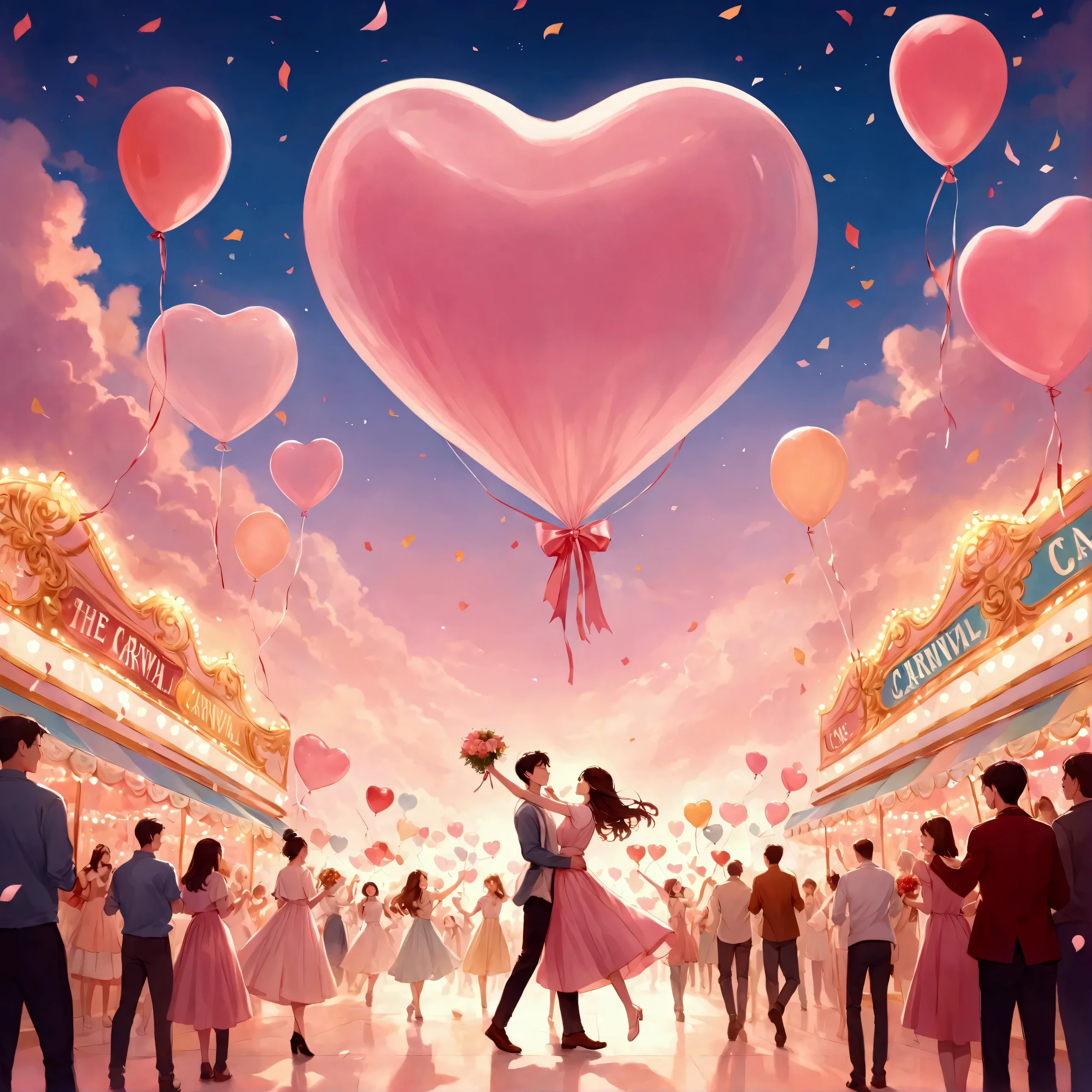Create a scene featuring a young Man, wearing casual modern clothes, dancing with a carnival background with people dressed in pink, the carnival has heart shaped balloons, and bouquets of roses, gifts and celebratory confetti strings. The background should evoke a sense of warmth, with a pink sky, and tiny heart shaped clouds floating throughout the scene. Ensure the top third of the image is not too busy, leaving ample space for text to be added later (for a song title). The bottom section should have a subtle, empty space for the artist’s name, maintaining balance in the composition. The color palette should be soft, with warm pinks, reds, and pastel tones to create a romantic atmosphere."