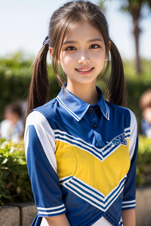 masterpiece、超High resolution、Great job!、She has a very cute face and a young figure like an idol.々A 20-year-old Japanese girl with unique features、Gentle and cute、A kind smile、She is in the schoolyard Cheerleading Team、Cheerleader uniform with bare upper body、Medium size bust、whole body、RAW Photos、Genuine、High resolution、Life、No copyright notice
