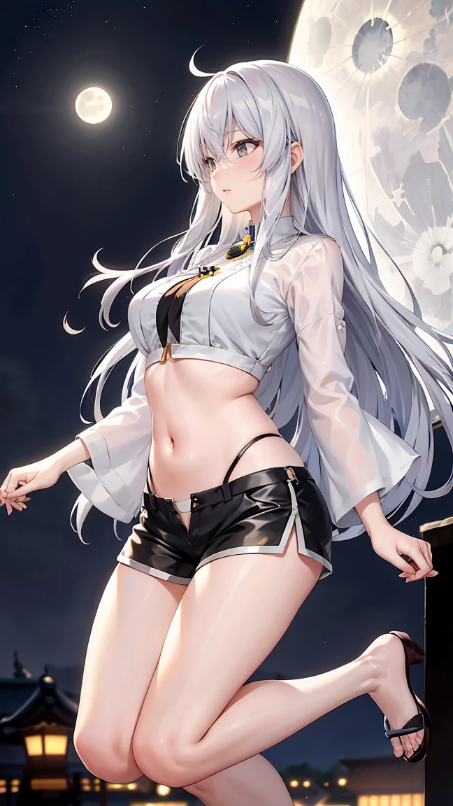 Blonde gray hair, Straight hair, Spread hair, Long hair, PUPILS SPARKLING, long eyelashes, blue eyes, makeup, Smile, Color Field Painting, Contemporary art,double whirlwind pattern design garment，Iris heterochromatic pupil，((girl with silver ponytail))((off shouldersの白いセーラー服))，((red necktie))、((Navy blue detailed flared miniskirt))((black stocking rack high heels))、free hight resolution,off shoulders、((The erection))、(Puffy eyes:1.２)、 (slim legs),(Light shines on the face and chest)、(((((underboob)))))、Lower breast、Oily skin、skinny、 (the underside of the chest is slightly visible),(visible lower breast、I can see your belly button and ribs)、Hip bones and lower abdomen are visible、Dark blue flared skirt、(lift up skirt）,((White T-back panties visible)),((Milky Way galaxy in the background))、 Northern Renaissance, Blurred, blending, From under the chest, Breasts from chest to side, the panorama, ultra wide-angle, Wide Angle, F/1.8, 135 mm, canon, nffsw, retinas, masutepiece, Elaborate, Anatomically correct, Skin Texture, Super Detail, high detailing, High quality, hight resolution, 1080P, Hard disk, 4K, 8K, top-qualityの,  Sexy Pose , ((cheer girl)), serafuku, Japanese school sailor uniform, darkblue pleated skirt:1.27), (From under the chest, White thong, 1.24),(top-quality)、 (​masterpiece)、(Professional lighting with fewer shadows)、 (A hyper-realistic)、 (perfect anatomia)、 (In front of the camera、There are two women、Bangs and forehead、White skin with no moles on the breasts, Unevenness under the eyes.:1.5), (Beautiful blue eyes with long eyelashes and red tear bags:1.5), (In front of the cameraで誇らしげに胸を突き出す2人.:1.2), (Another person on the other side、Turned back with arched hips)、