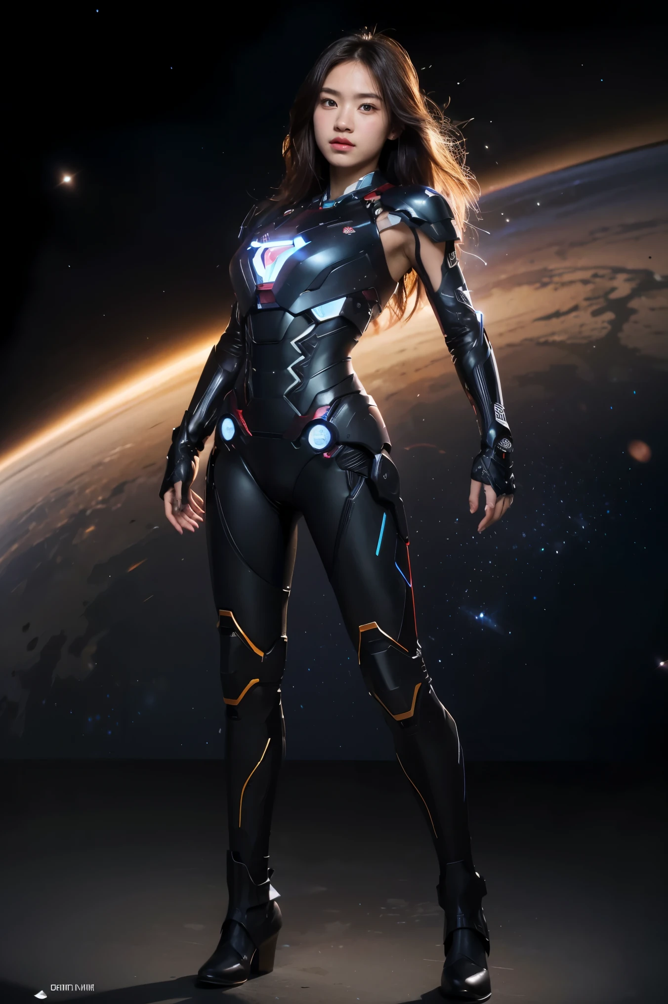Primitive, Masterpiece, super thin photo, Best quality, Ultra High Resolution , photorealistic , In the cosmic nebula,Full body standing photo, Incredibly beautiful, Cowboy fighting pose, Delicate face,Vibrant eyes, (frontage), huge boob,The Iron Man mech she wears, Black color scheme, The whole body glows like a diamond,Cosmic stellar background, Highly detailed, Detailed face, Gorgeous, Highly detailed skin, Realistic skin details, Visible visible, Sharp focus, volume fog, 8K UHD, SLR camera, High quality, filmgrain, light-skinned, Photorealism , DL, In the distance is Saturn,