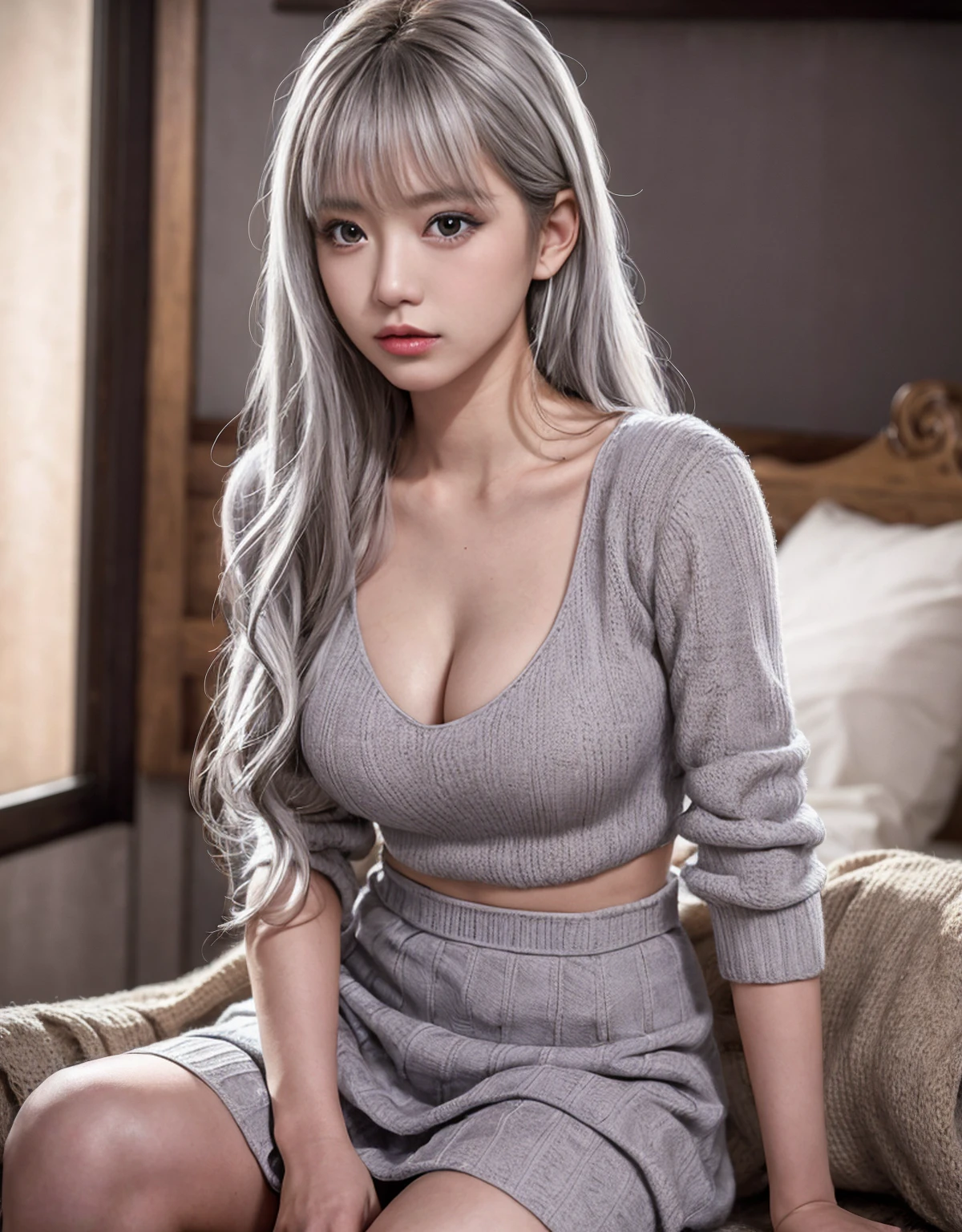 8K, highest quality, RAW photo, ultra high resolution cool beauty beautiful butt huge breastsの谷間 thin eyebrows on the bed huge breasts silver hair silver blonde gray hair sexy 2 limbs alone Focus on the lower back Sleep with your eyes closed, open your mouth beautiful nose Make the nose smaller droopy eyes glamorous mouth large size white shirt ピンク色のsexyランジュリー physical education sitting