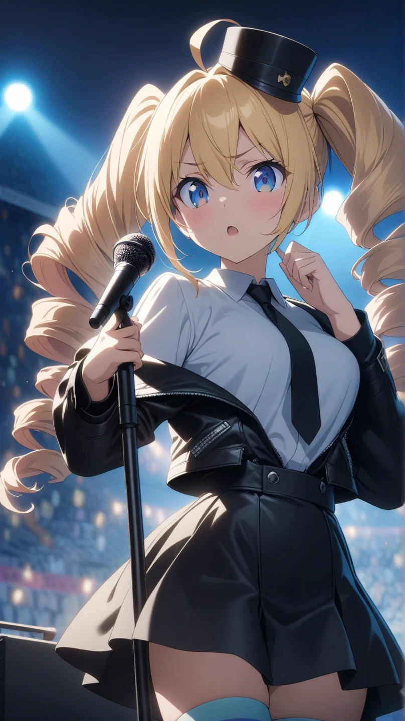 (masterpiece, top quality: 1.2), anime style, Super detail, Great lighting, (1 girl: 1.3), (High resolution:1.2),(masterpiece、premium:1.2),very detailed eyes,, perfect face, very beautiful female body, big thighs, big chest, good lighting, cowboy shot, Alone, 1 girl, (((happy face))), jumping , Look at the spectators, long blonde hair, 2 long braids, cammy white、blue eyes, short skirt, high thigh socks, cropped blouse, shows the navel, smiling happy, scenery, luces de scenery, microphone in hand
