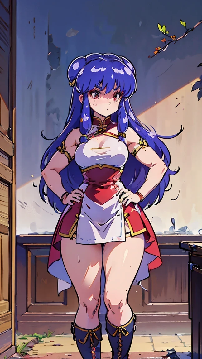 Shampoo, red eyes, purple long hair with two buns heavy iron armor, plated armor ((armor dress)) gladiator skirt ((iron boots)) full body view ((thick thighs)) ((botomless)), narrow waist, large hips, bare legs, shinny skin, , sexy, hands on hips, toned body, muscular female, 1girl, solo, ((pelvic curtain)) sexy, shinny skin, long legs, thigh blush, sweaty