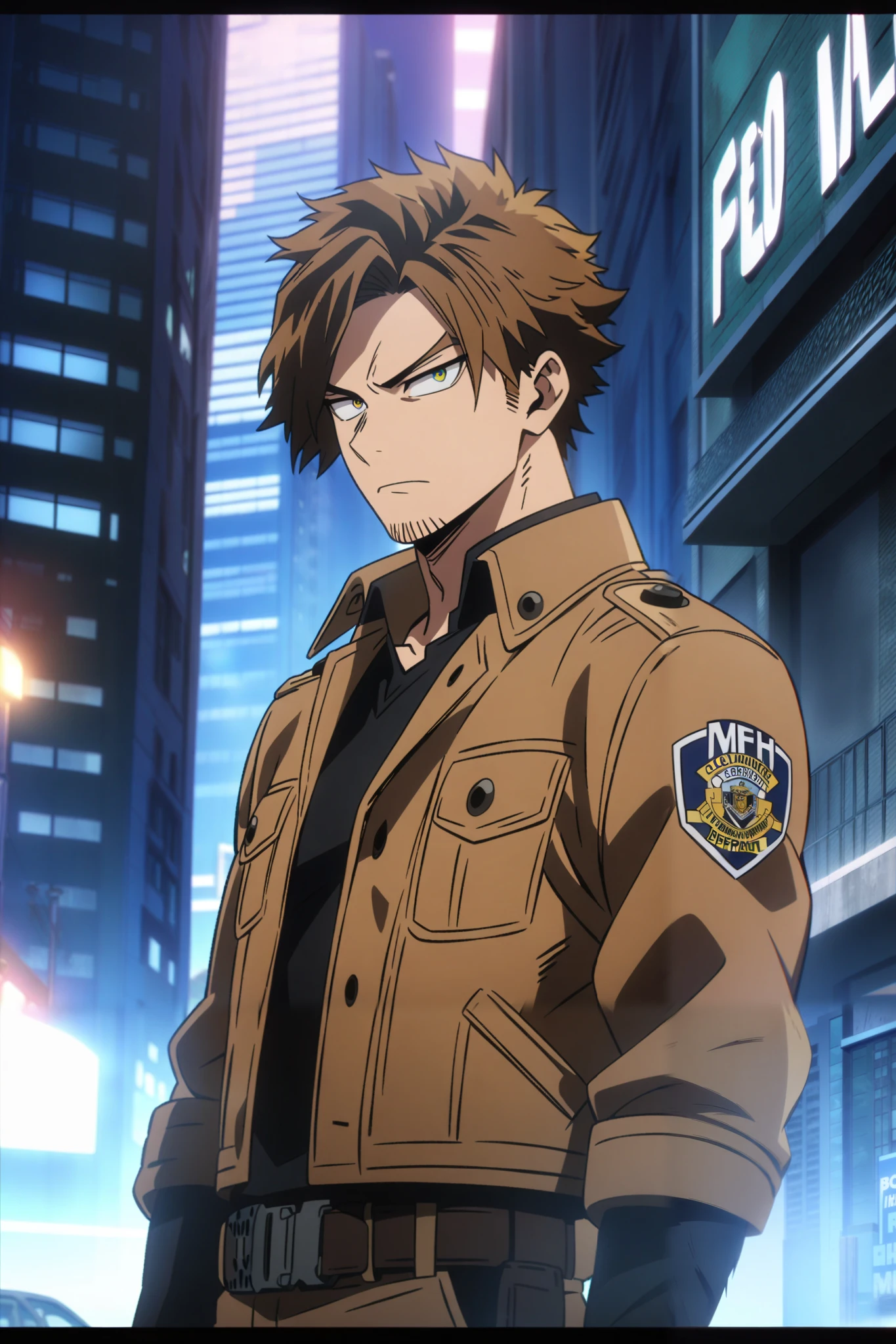 1boy, 40-years-old, handsome, ((MALE)). Leon Kennedy from Resident Evil as MHA OC, full-body, wearing brown leather jacket.
Serious, City Police Department background, daytime, detailed anime lighting, colorfull.
As My Hero Academia character, MHA style, anime style, my hero academia, boku no hero academia, animated. Anime, Best Quality, Masterpiece, High Resolution, 4K, perfect body, perfect eyes, perfect eyes, Full Quality, colorfull, Looking at viewer, Anime, Anime Style, High Resolution.