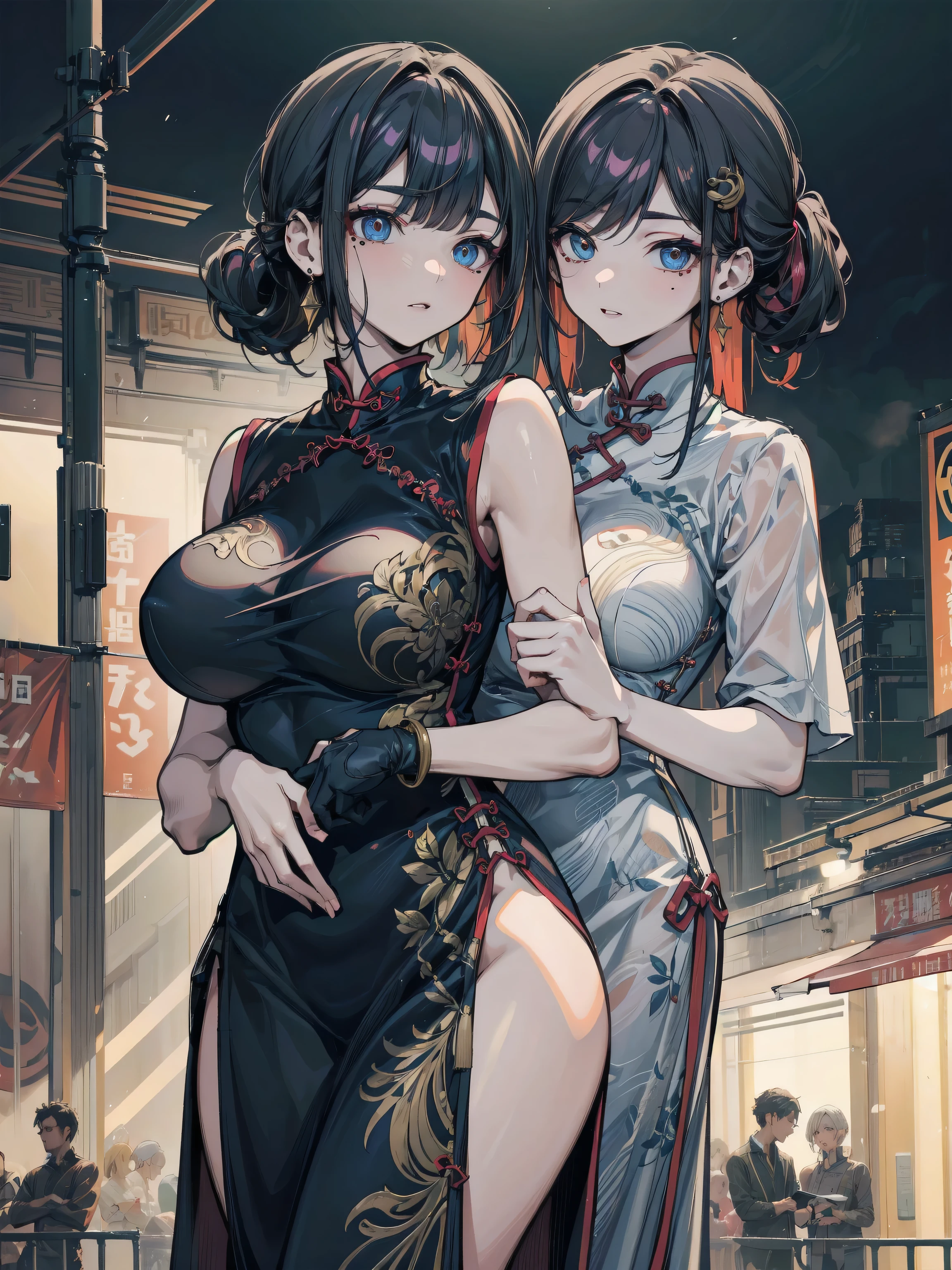 masterpiece, best quality, 2girls, 10yo, (petite), double bun, cowboy shot,
 seductive smile, kneeling, china dress, open clothes, small breasts, nipple slip, Hongkong street, night,