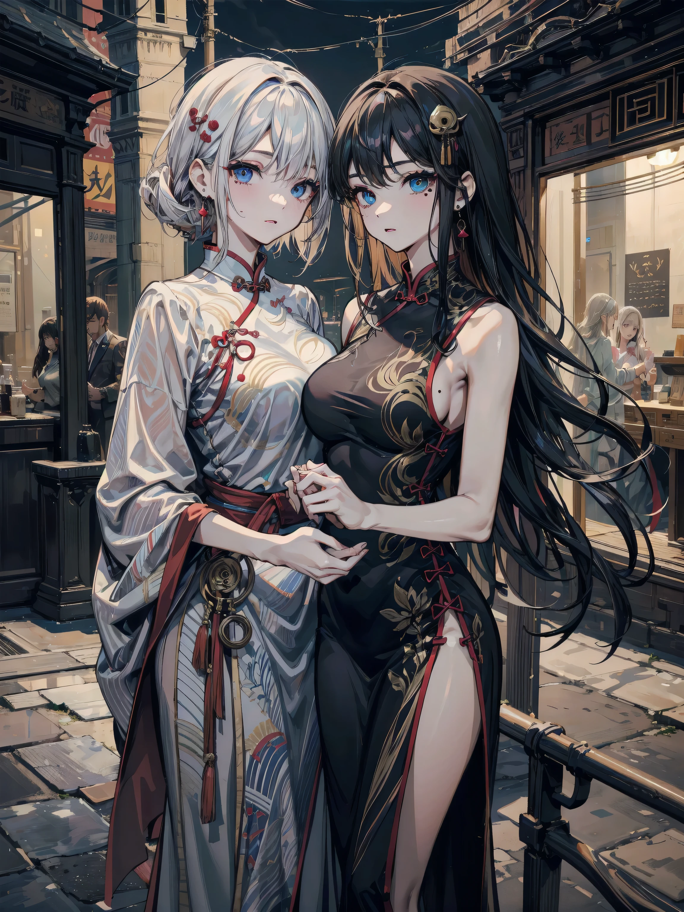 (((yuri))), (((2 girls))), ((cheongsam)), absurdres, RAW photo, extremely delicate and beautiful, masterpiece, Best Quality, ultra high resolution, 32k, hyperrealistic, ultra-detailed, detailed description, perfect anatomy, pale skin, 20 years old, detailed beautiful face and eyes, tearful mole, earring, short medium hair, wavy hair, random colored hair, whole body shot, big tits,