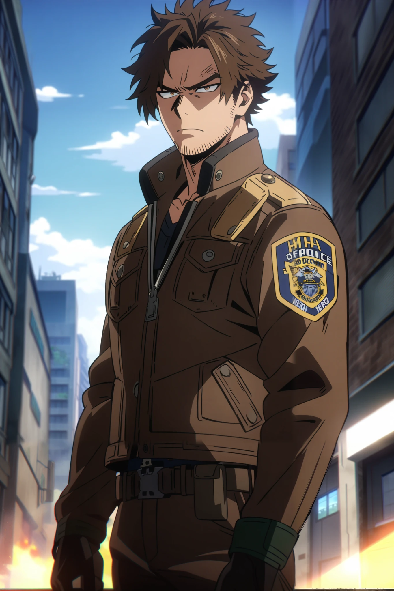 1boy, 40-years-old, handsome, ((MALE)). Leon Kennedy from Resident Evil as MHA OC, full-body, wearing dark-brown leather jacket.
Serious, City Police Department background, daytime, detailed anime lighting, colorfull.
As My Hero Academia character, MHA style, anime style, my hero academia, boku no hero academia, animated. Anime, Best Quality, Masterpiece, High Resolution, 4K, perfect body, perfect eyes, perfect eyes, Full Quality, colorfull, Looking at viewer, Anime, Anime Style, High Resolution.