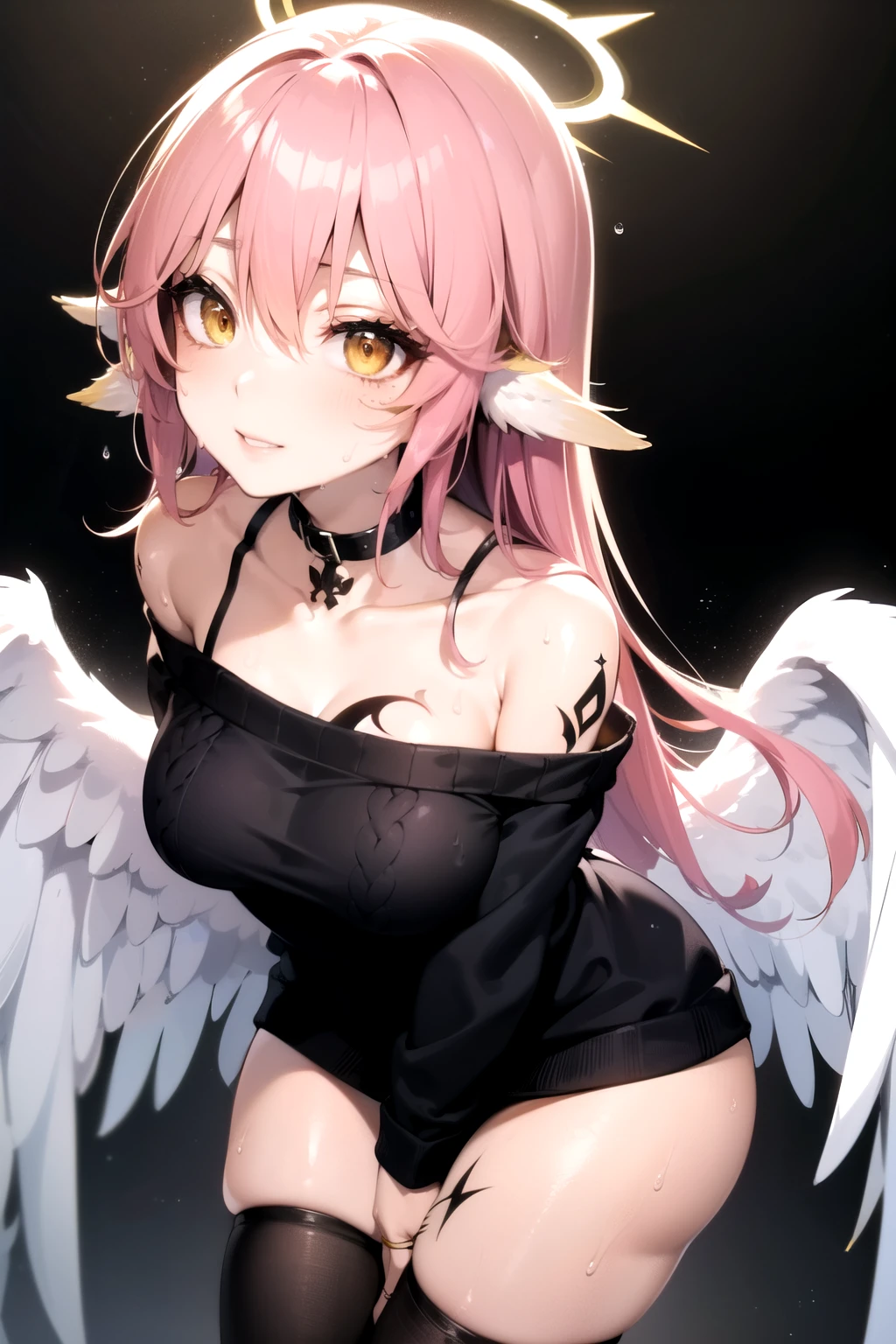jibril, BREAK jibril, angel, angel wings, collar, animal ears, bird ears, compass rose halo, feathered wings, feathers, gradient hair, halo, long hair, low wings, multicolored hair, pink hair, symbol-shaped pupils, big breast, white wings, wing ears, wings, (yellow eyes:1.5), seductive look, seductive smile, Shiny skin, clothing. Big breast. Sexy, hot, attractive, alluring.
BREAK black thighhighs, (off shoulder, Black sweater:1.3), long sleeves , hot. Thigh tattoo, breast tattoos, (sweat:1.4). (Wet:1.1), (Black tattoos:1.6). Beanie. Mask.
BREAK (masterpiece:1.2), best quality, high resolution, unity 8k wallpaper, (illustration:0.8), (beautiful detailed eyes:1.6), extremely detailed face, perfect lighting, extremely detailed CG, (perfect hands, perfect anatomy), narrow eyes.