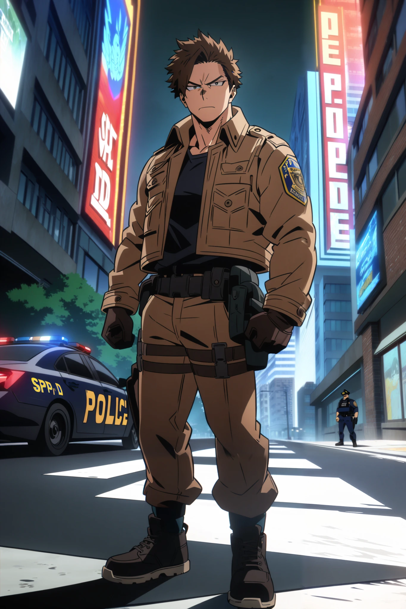 1boy, 40-years-old, handsome, ((MALE)). Leon Kennedy from Resident Evil as MHA OC, full-body, wearing dark-brown leather jacket, jacket with SPD “Searow Police Department” batch on it.
Serious, City Police Department background, daytime, detailed anime lighting, colorfull.
As My Hero Academia character, MHA style, anime style, my hero academia, boku no hero academia, animated. Anime, Best Quality, Masterpiece, High Resolution, 4K, perfect body, perfect eyes, perfect eyes, Full Quality, colorfull, Looking at viewer, Anime, Anime Style, High Resolution.