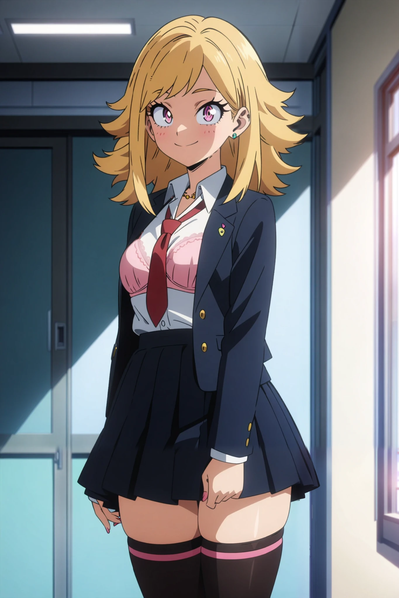 1girl, 20-years-old, ((FEMALE)), masterpiece, high quality, gyaru, blonde hair, pink eyes, school uniform, thighhighs, pink bra.
Smile, clasroom interior background, daytime, detailed anime lighting, colorfull.
As My Hero Academia character, MHA style, anime style, my hero academia, boku no hero academia, animated. Anime, Best Quality, Masterpiece, High Resolution, 4K, perfect body, perfect eyes, perfect eyes, Full Quality, colorfull, Looking at viewer, Anime, Anime Style, High Resolution.