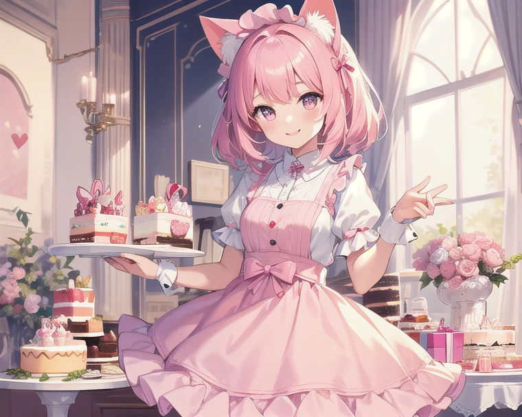 Browsing Caution,7-year-old girl、Dirndl、Putting on a collar、Very beautiful and Shining Eyes、Shining Eyes、1 girl、Large Breasts、Big Mouth、high school girl、Cat ear、Transparent pink short hair、