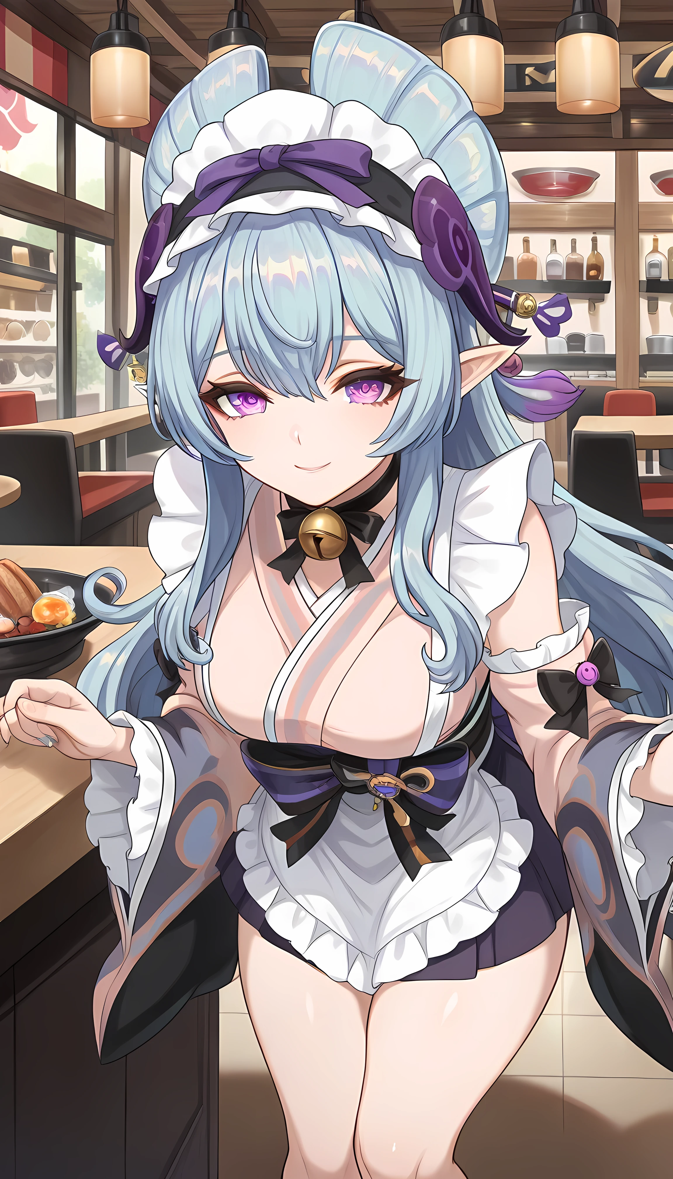 score_9_ up,score_8_ up,score_7_ up,Alone, 1 girl,, long hair, bangs, long sleeve , blue hair , purple eyes, horn, pointed ears, MAID HEADDRESS , neck bell, detachable sleeve, kimono, apron,, Shiny Eyes , beautiful eyes, enchantment, erotic , Shiny Skin Thighs, sexy, Shining Eyes, ( cute illustration:1.3), ( high saturation :1.3), Detailed Beautiful Face and Eyes , dynamic lighting ,, masterpiece, best quality , Great Quality , ray tracing ,, restaurant ,A faint smile, Audience ,