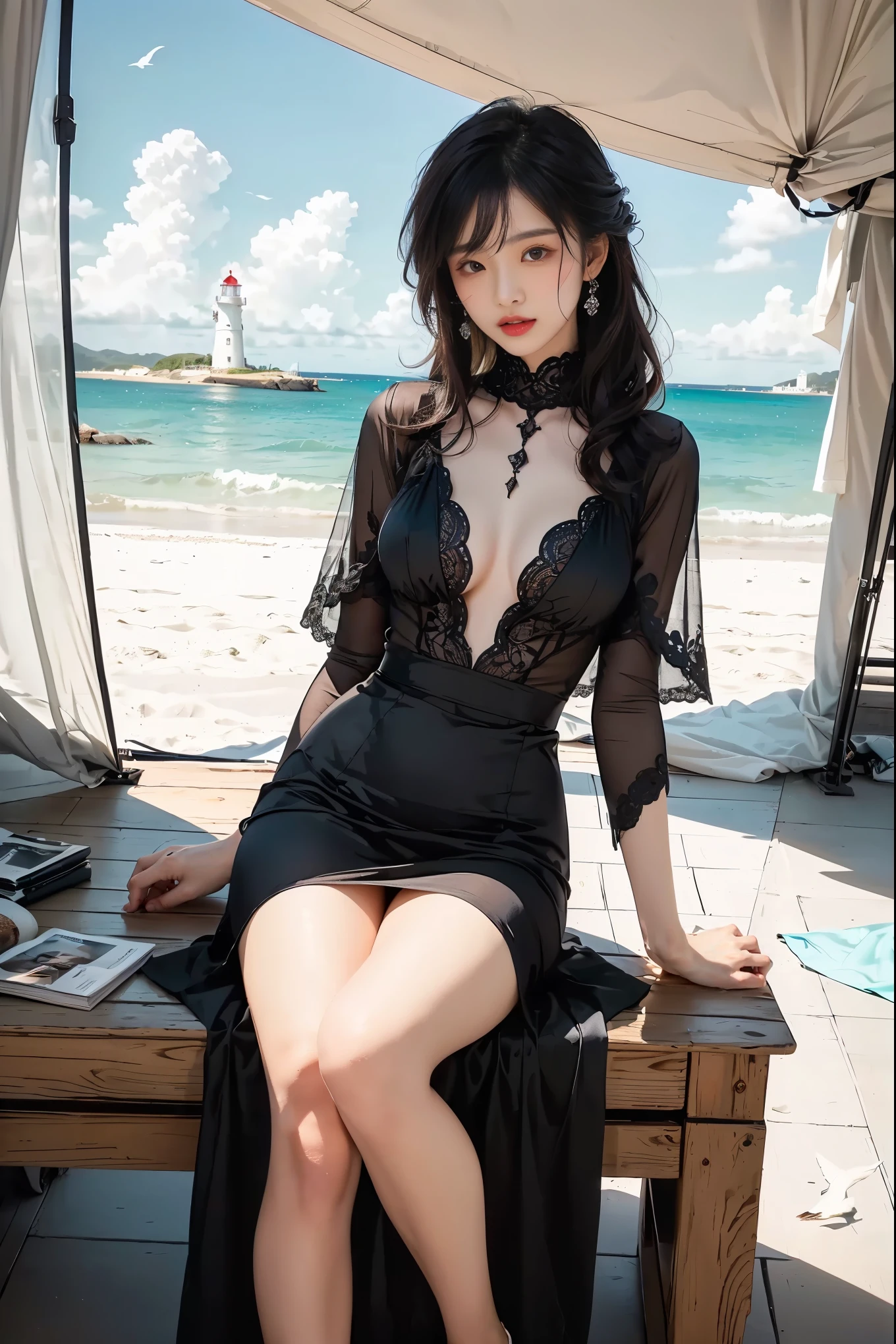 Masterpiece of the best quality,Very detailed details,Detailed eyes,cover,idol,erogenous,lifelike,A 20-year-old Asian girl,Long, fluffy black hair,Delicate fair face,Eyes with rich expressions,Pink lace dress,Very feminine,long thin legs,On the beach by the sea,The waves lap your feet,A visual spectacle --auto