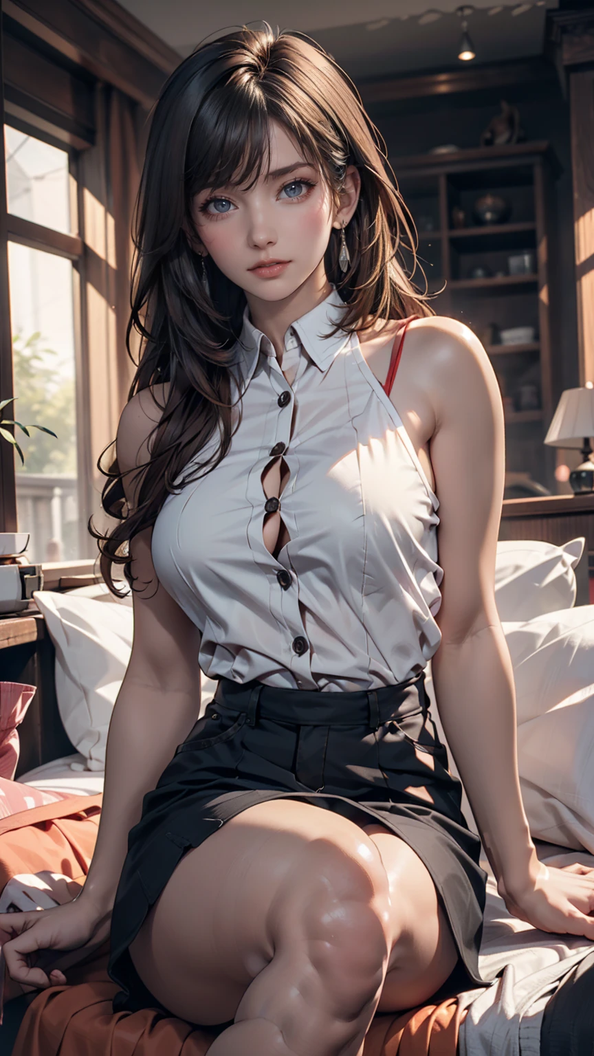 (Highest quality)), ((masterpiece)), (detailed), Perfect Anatomy,Very sexy,A married woman full of sex appeal,Full Body Shot,One Woman, ,Full Body Shot,A 29-year-old married woman,Woman standing in office,((Highest quality, 8k, masterpiece: 1.3, One beautiful woman)), Big Breasts,Slender figure,Beautiful body lines,Thin arms,Curved waist,Thin legs,Beautiful fingers,Navy blue suit,short tight skirt of dark blue color,,White open-collar shirt,((Wide open shirt 1.8)),(((Cleavage 1.8))),A pose that emphasizes the chest,Natural Light,office,Female secretary to the president,Long black hair,Straight Hair,Beautiful shiny hair,Beautiful Eyes,Beautiful double eyelids,Dark Eyes,(((Lifting the skirt with your hands 1.5))),The look of temptation,Looking up at a woman from below,Spread your legs,White panties,